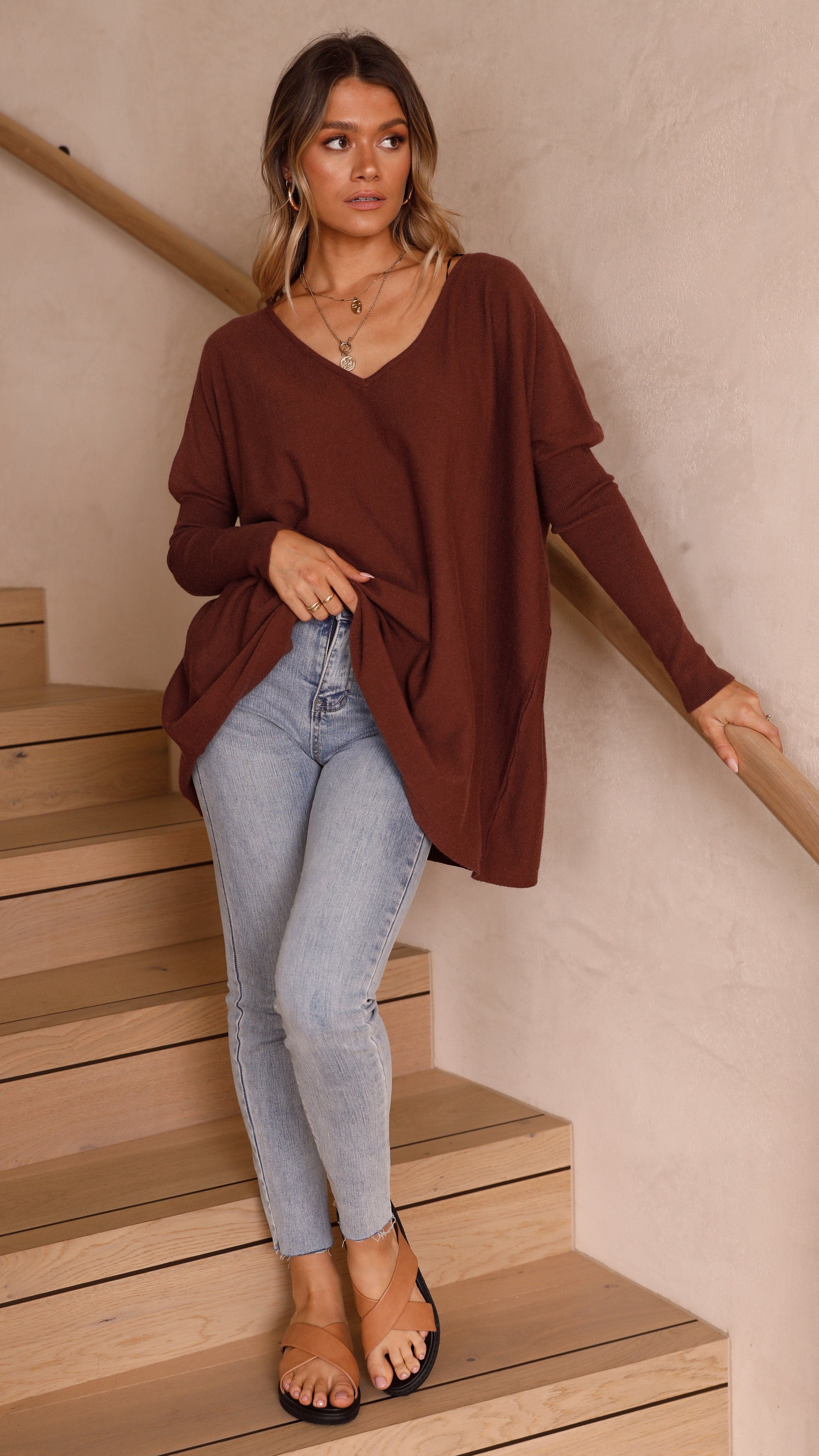 Amalia Knit Top Women's Casual Long Sleeve Sweater Chocolate Brown - Perfect for Fall Layering & Office Wear