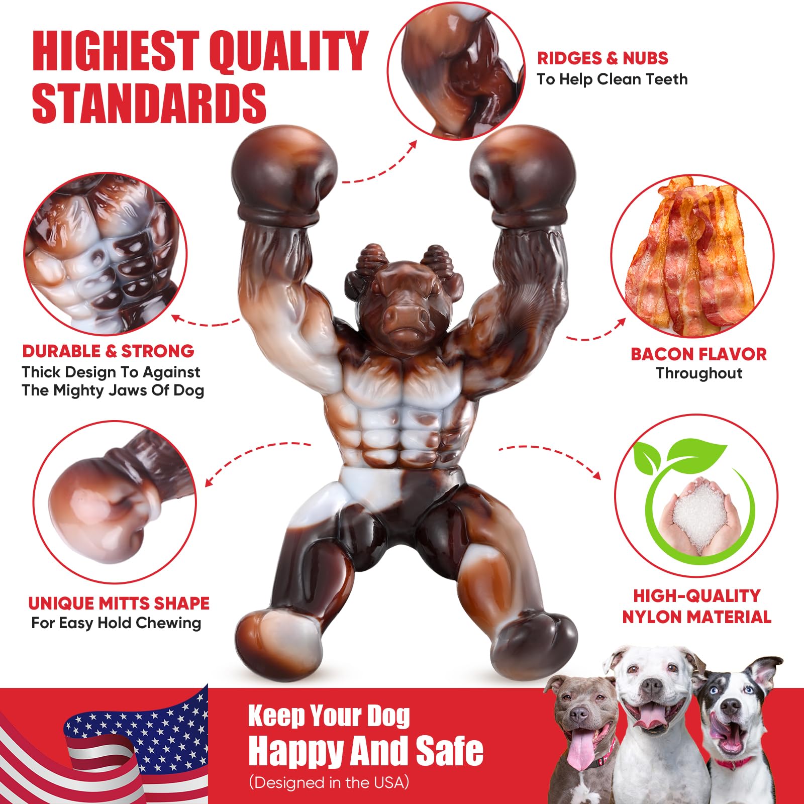 Zinbo Indestructible Dog Chew Toys for Aggressive Chewers - Durable Nylon Bone Toy with Real Bacon Flavor for Medium/Large Breed Dogs (Large Size, Beef Flavor) - Perfect for Training, Teething Relief & Playtime