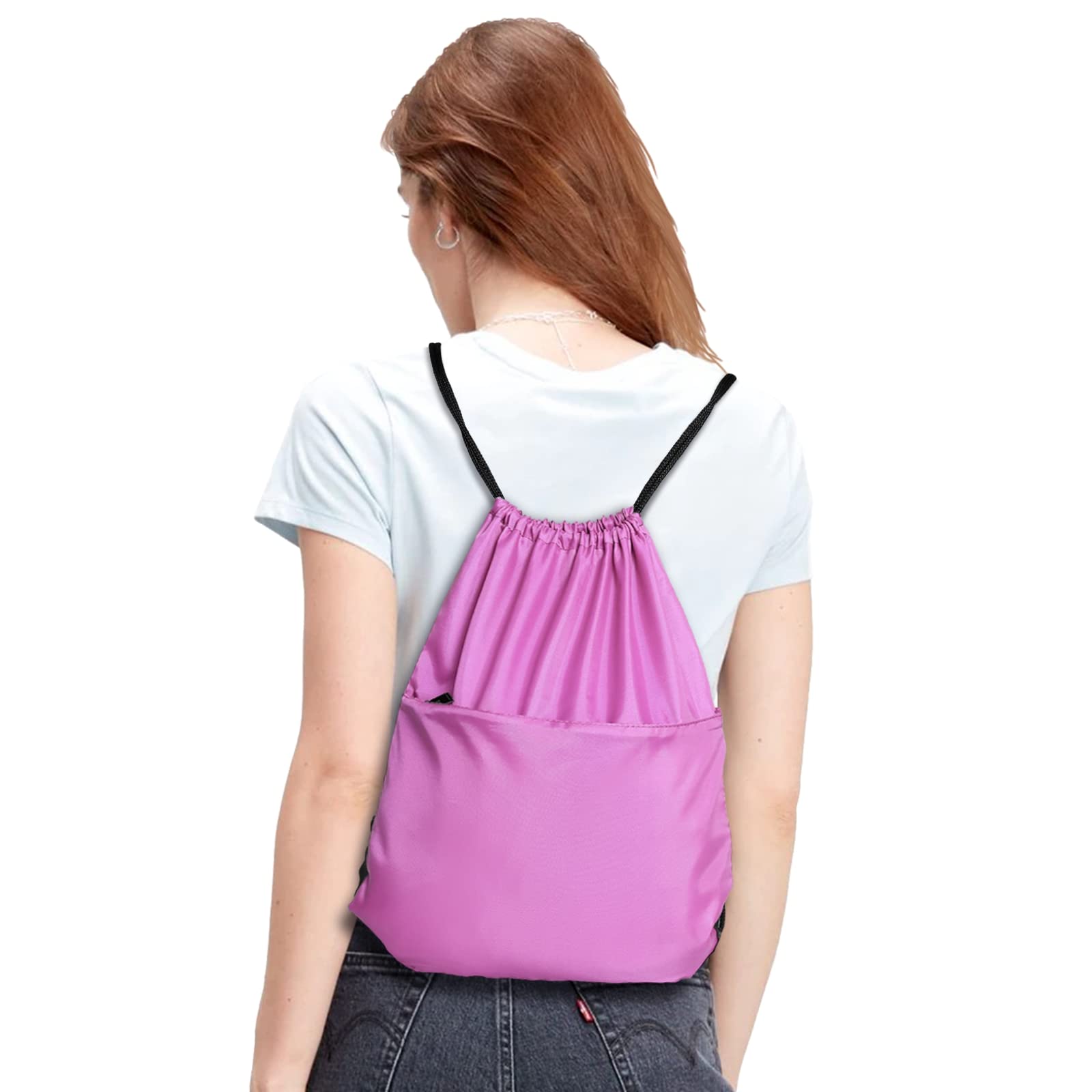 210D Nylon Drawstring Backpack with Zipper Side Pocket - Foldable Lightweight Sports Gym Tote Bag for Men & Women (Pink) - Perfect for Workouts, Travel, School & Outdoor Activities
