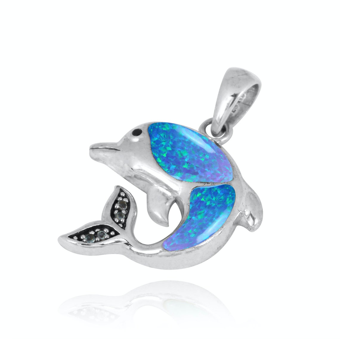 Blue Opal Dolphin Pendant Necklace with White CZ Stones - Perfect for Beach Vacations, Gifts & Boho Jewelry Lovers