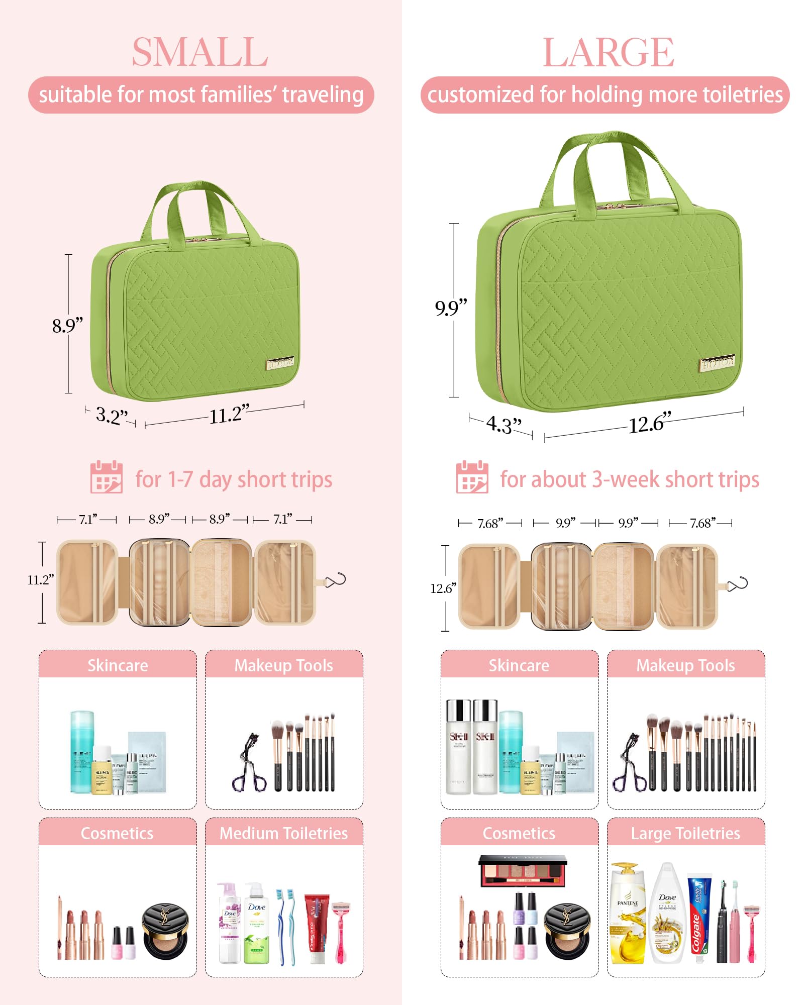 HOTOR Hanging Travel Toiletry Bag for Women & Men - Waterproof Makeup Organizer with Spacious Compartments - Perfect for Vacation, Camping & Business Trips - Medium Size in Avocado Green