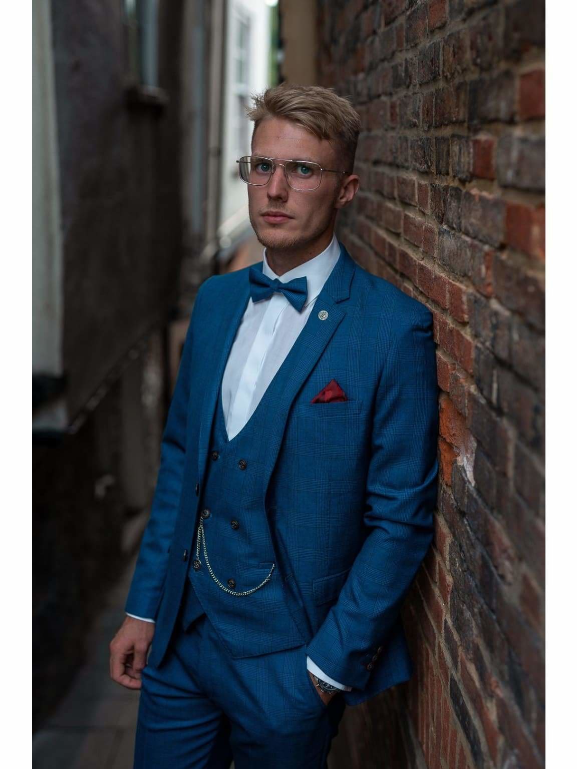 Marc Darcy George Royal Blue Check Three Piece Suit for Men | Formal Business Attire | Wedding, Office & Special Occasion Wear