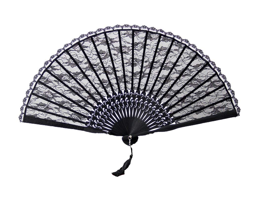 Seres Elegant Folding Fan - Handmade Bamboo Frame with Delicate Lace Fabric - 5 Beautiful Patterns (8.5 Inch) - Perfect for Weddings, Home Decor & Vintage Photography - Pattern 1 Black