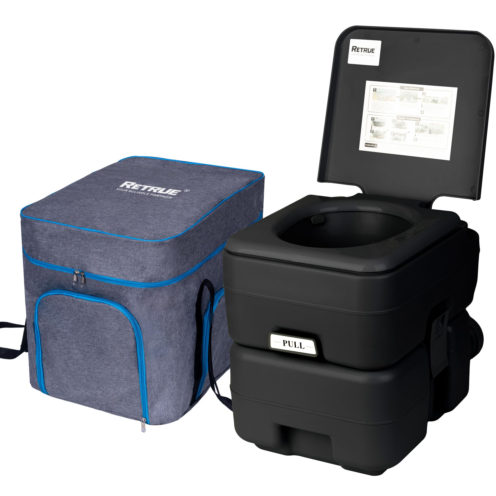 RETRUE 5.3 Gallon Portable Camping Toilet - Leak-Proof Travel Porta Potty with Detachable Waste Tank & Upgraded Flush Pump | Ideal for RV, Boat, Camping & Outdoor Adventures | Perfect for Road Trips, Hiking & Emergency Preparedness