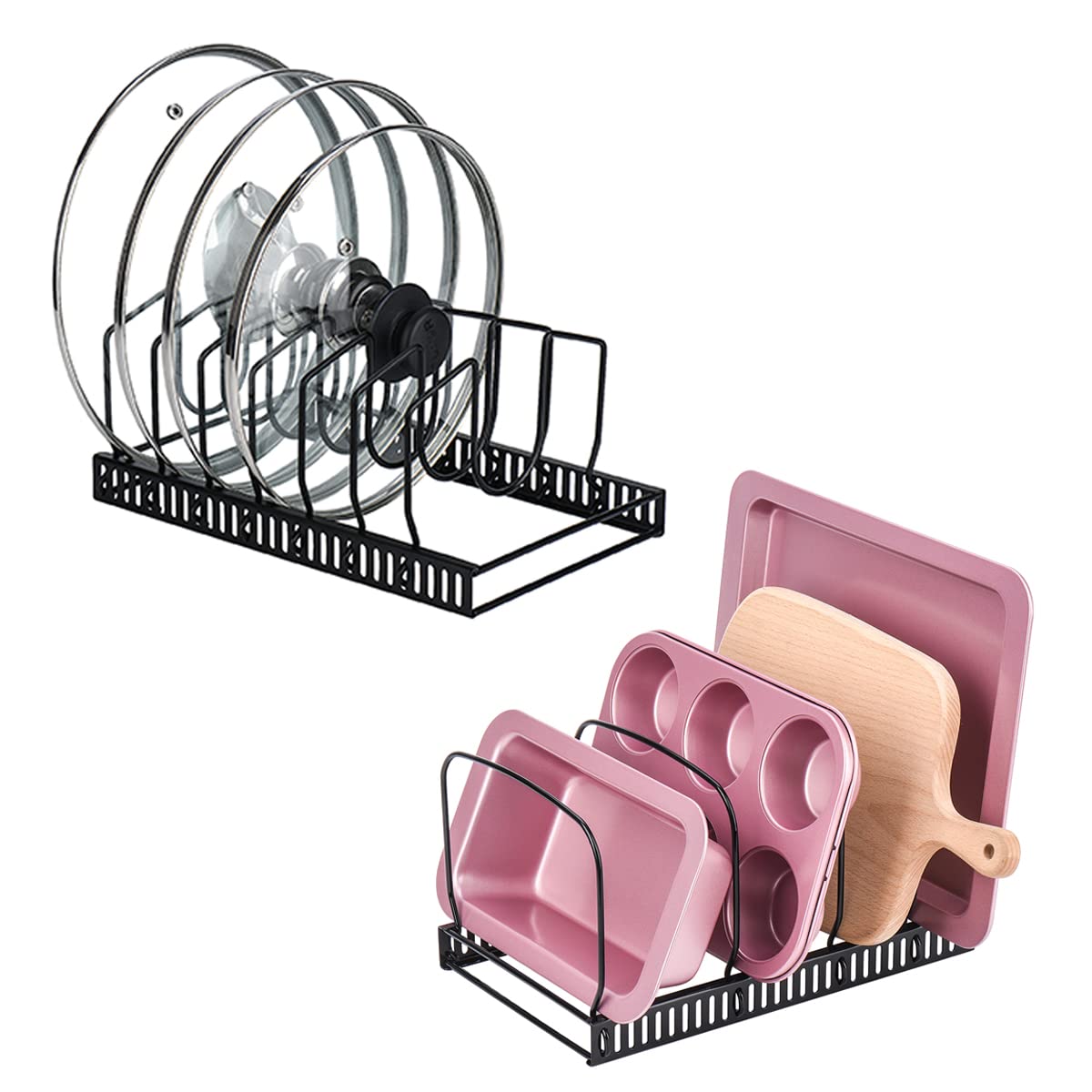 Toplife Adjustable 7+ Lids Organizer Rack and 10+ Bakeware Organizer Set - Space Saving Kitchen Cabinet & Counter Storage Solution for Pots, Pans, Lids and Baking Sheets - Perfect for Small Kitchens and Organized Cooking