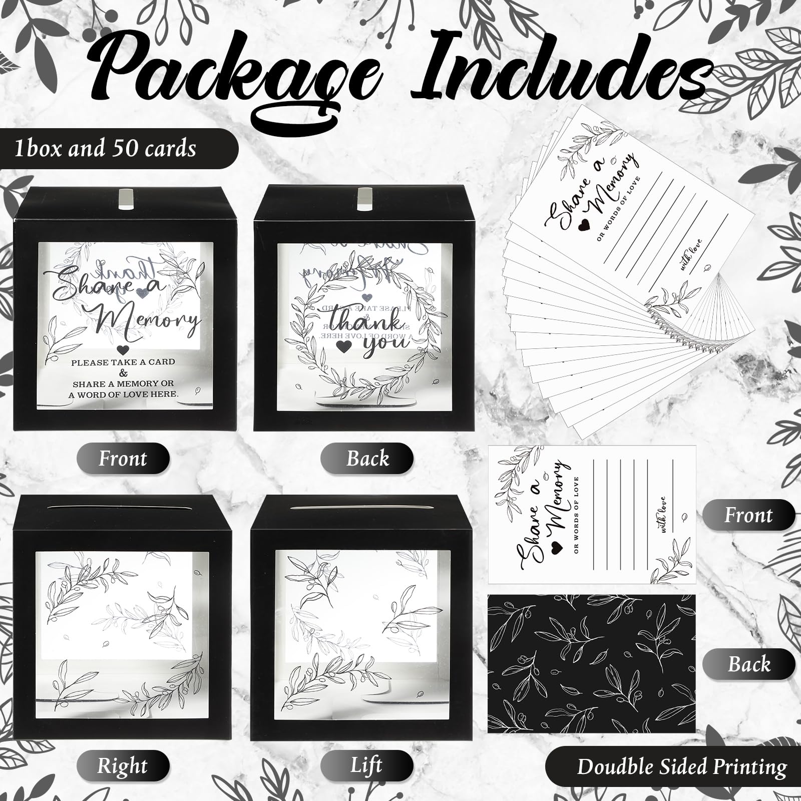 50 Pcs Greenery Memory Cards - Elegant Guest Book Alternative for Funerals, Weddings, Graduations, Bridal Showers, Birthdays & Anniversaries - Perfect for Collecting Cherished Memories (Black) - Great for Scrapbooking, Keepsake Boxes & Memorial Displays
