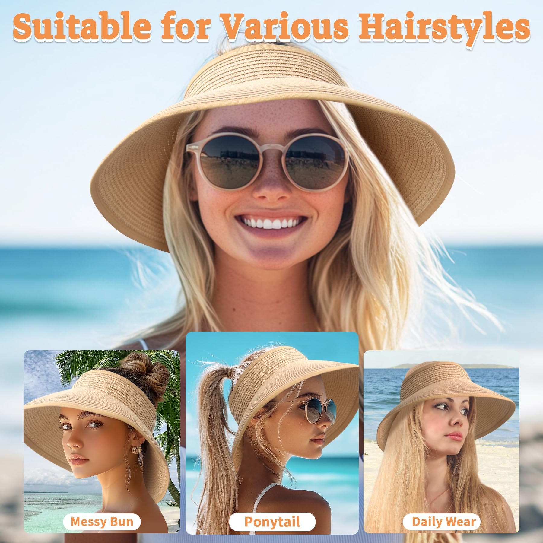 Women's Wide Brim Straw Sun Hat - Foldable Roll Up UV Protection Beach Visor with Ponytail Hole - Perfect for Summer, Travel, and Outdoor Activities