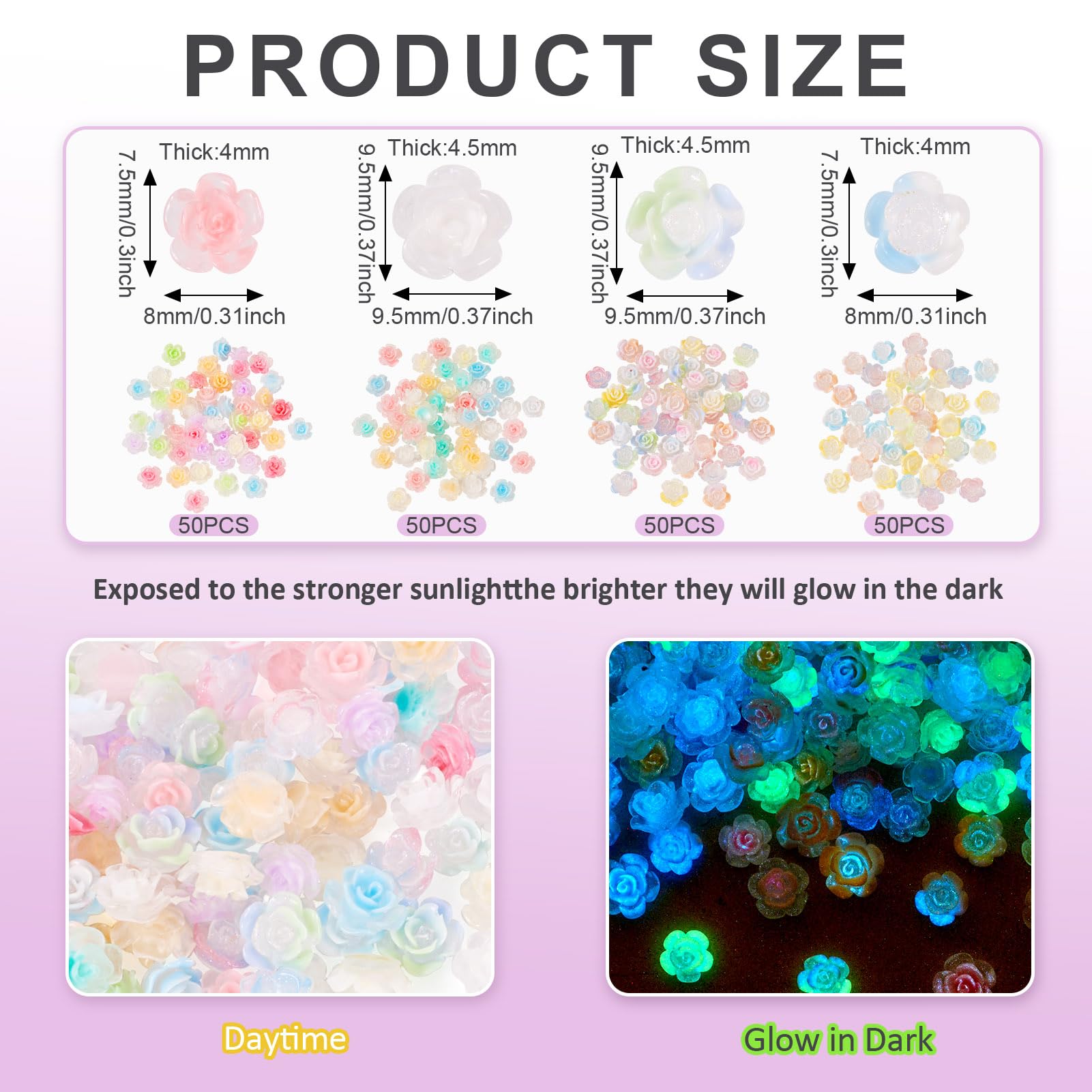 200 Pcs Glow in The Dark Mini Resin Flower Charms - Luminous Rose Flatback Cabochons for DIY Crafts, Nail Art, Scrapbooking & Hair Accessories | Perfect for Nighttime Decor & Party Favors
