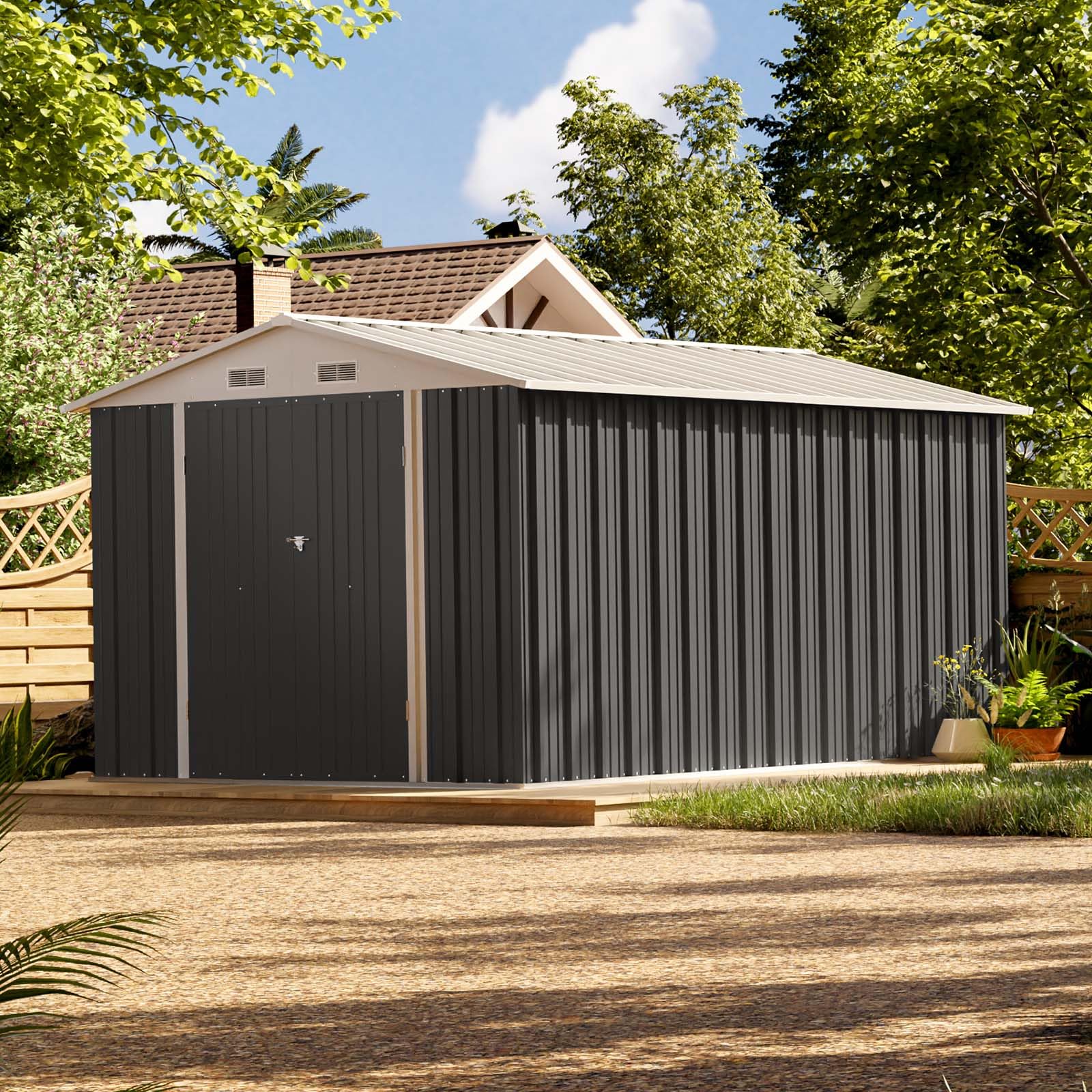 8' x 12' Metal Storage Shed - Heavy Duty Steel Outdoor Utility Shed with Lockable Doors for Garden Tools, Lawn Equipment & Backyard Storage | Weather Resistant Grey Shed for Patio, Yard & Outdoor Organization