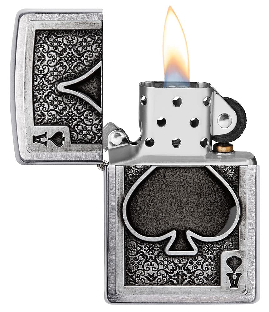 Zippo Ace of Spades Emblem Brushed Chrome Windproof Pocket Lighter - Perfect for Camping, Hiking & Outdoor Adventures
