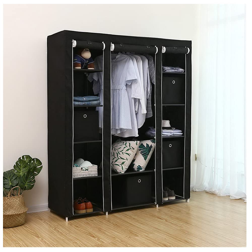 Portable Closet with Metal Shelves & Dustproof Cover - Large Wardrobe Organizer for Clothes Storage | Perfect for Small Spaces, Dorm Rooms & Seasonal Clothing Organization (Black)