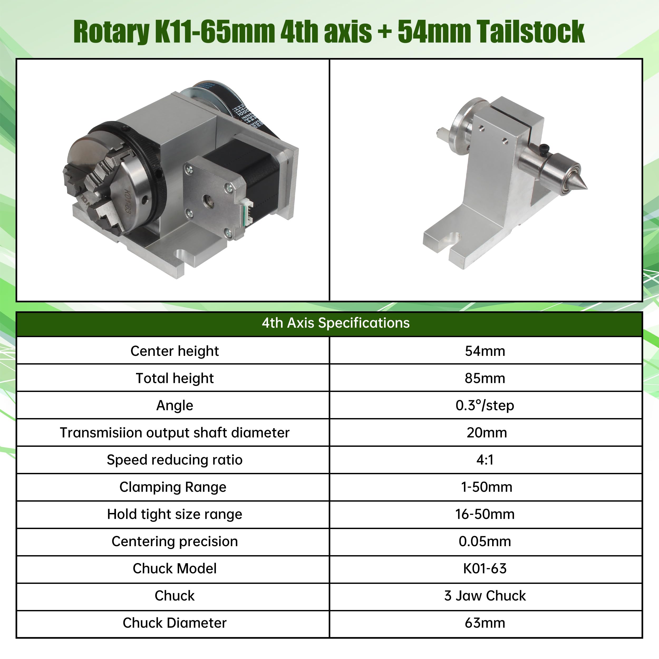 4th Axis CNC Rotary Table with 65mm 3-Jaw Chuck & Nema17 Stepper Motor - 4:1 Reducing Ratio for CNC Milling, Engraving & Woodworking - Includes 54mm Tailstock for Precision Machining (Perfect for DIY Projects, Metalworking & CNC Router Upgrades)