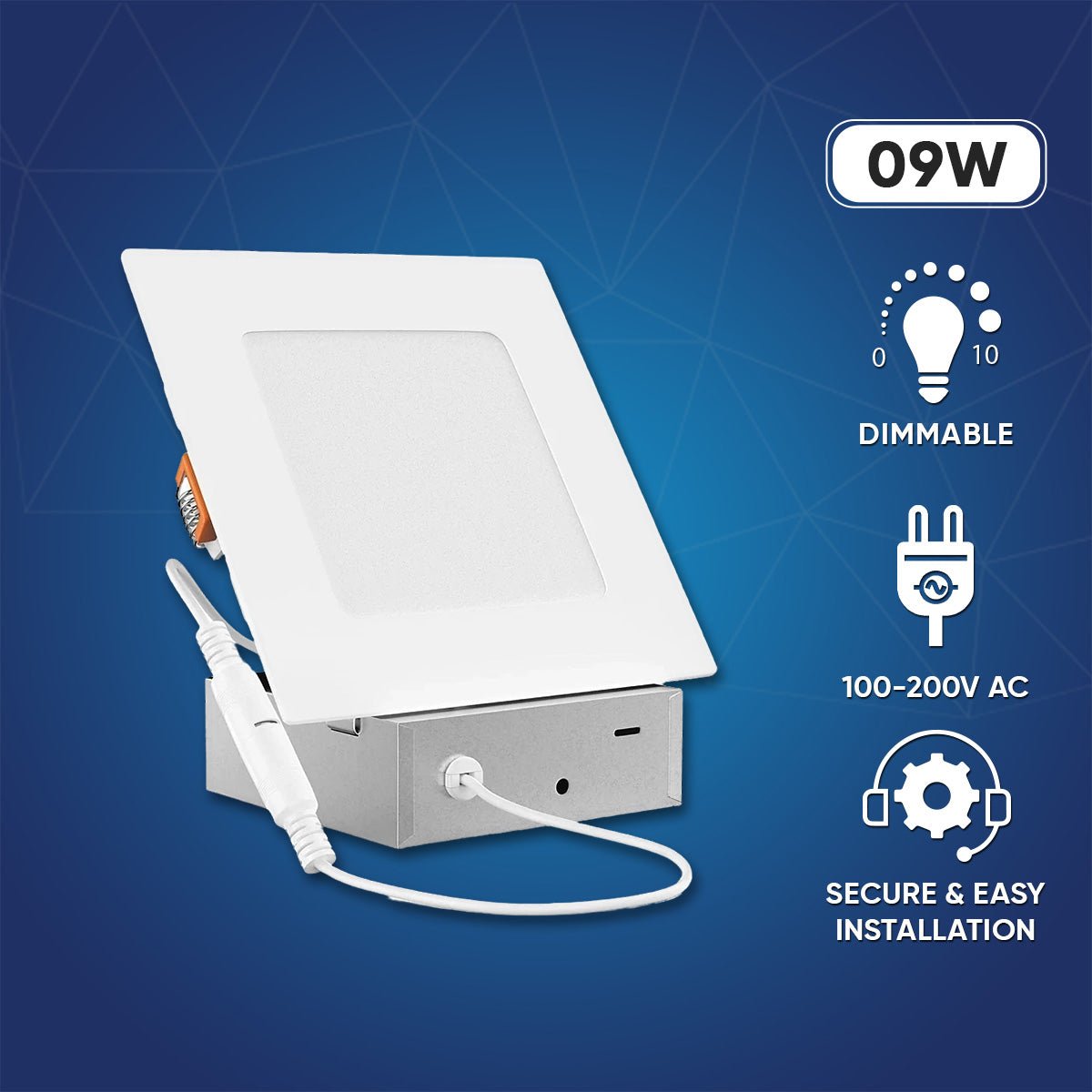 9W LED Slim Recessed Ceiling Light Panel - Adjustable CCT (2700K-5000K) with Junction Box, Square Shape - Perfect for Kitchen, Bathroom, Bedroom & Office Lighting