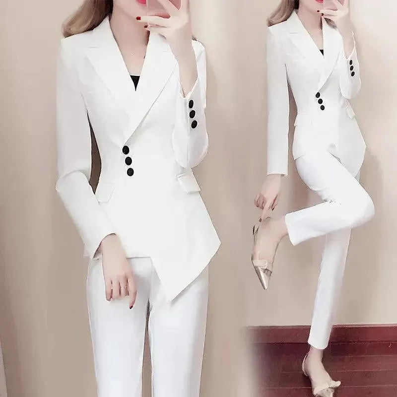 Women's Irregular Pant Suit with Side Buttons - Stylish Office Wear & Business Casual Outfit for Professional Women