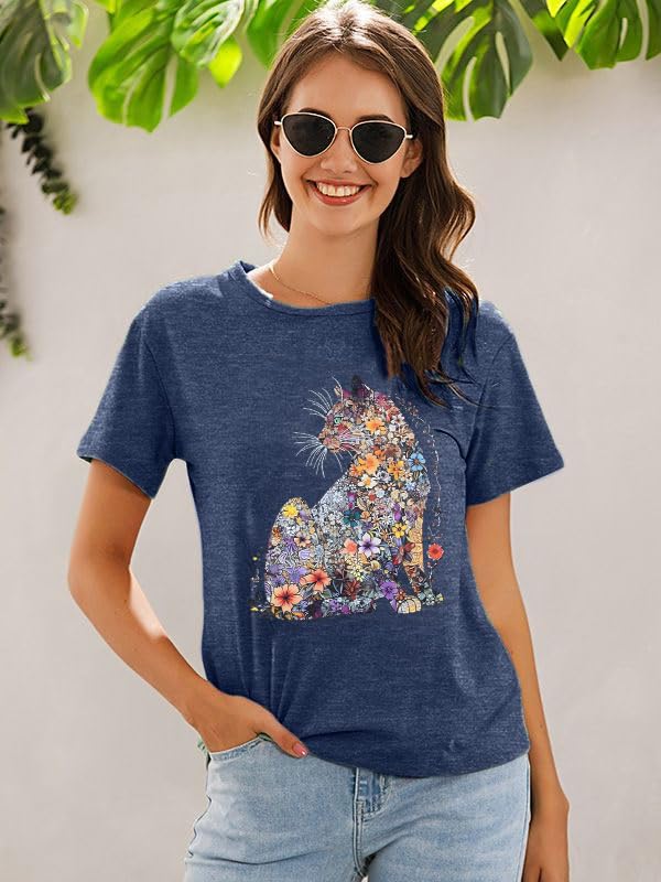 Women's Cat Lady Floral Print T-Shirt - Cute Cat Mom Short Sleeve Casual Top for Cat Lovers | Perfect for Everyday Wear, Gifts & Cat-Themed Events
