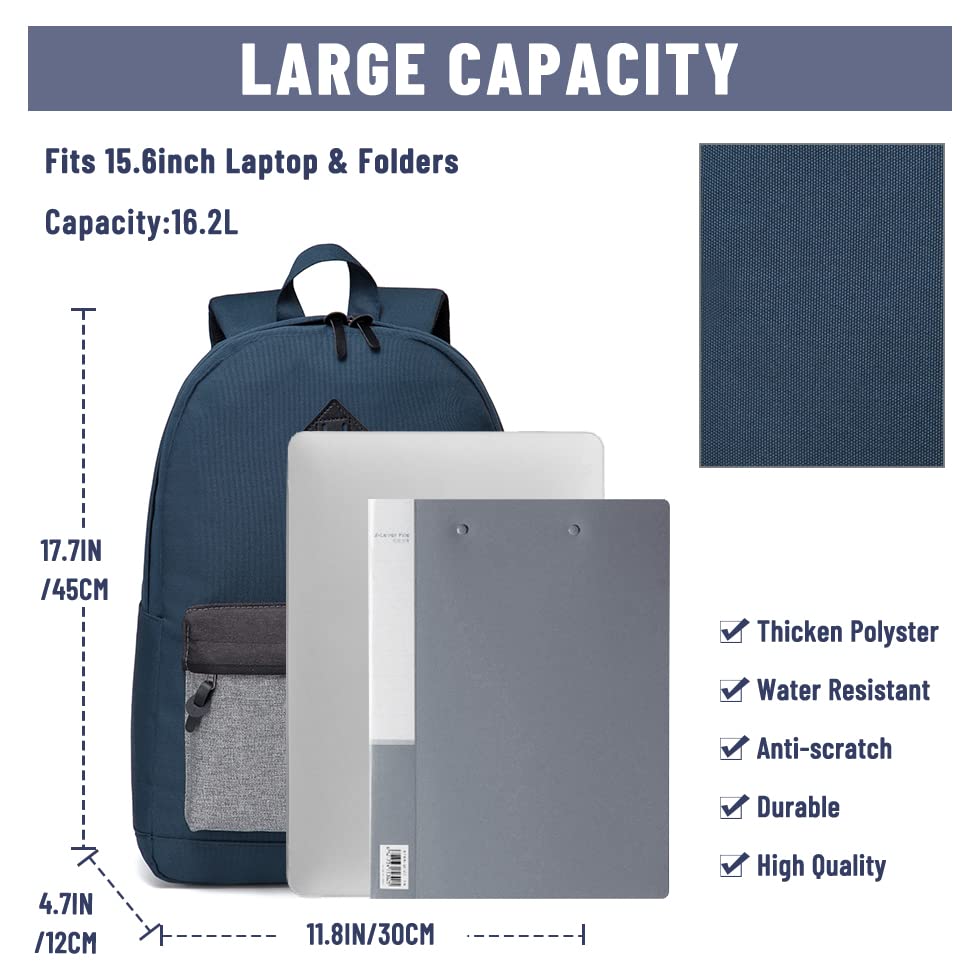 VASCHY Water-Resistant Backpack for Men & Women - Durable School Backpack, Bookbag, Daypack for Work, College & Travel - Navy Blue Casual Laptop Backpack