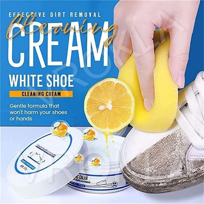 VROKLA White Shoe Cleaner Cream with Sponge - Instant Whitening & No-Wash Cleaning Kit for Sneakers, Shoes & Footwear | Stain Remover & Polish (260g) | Perfect for Gym, Work & Everyday Use