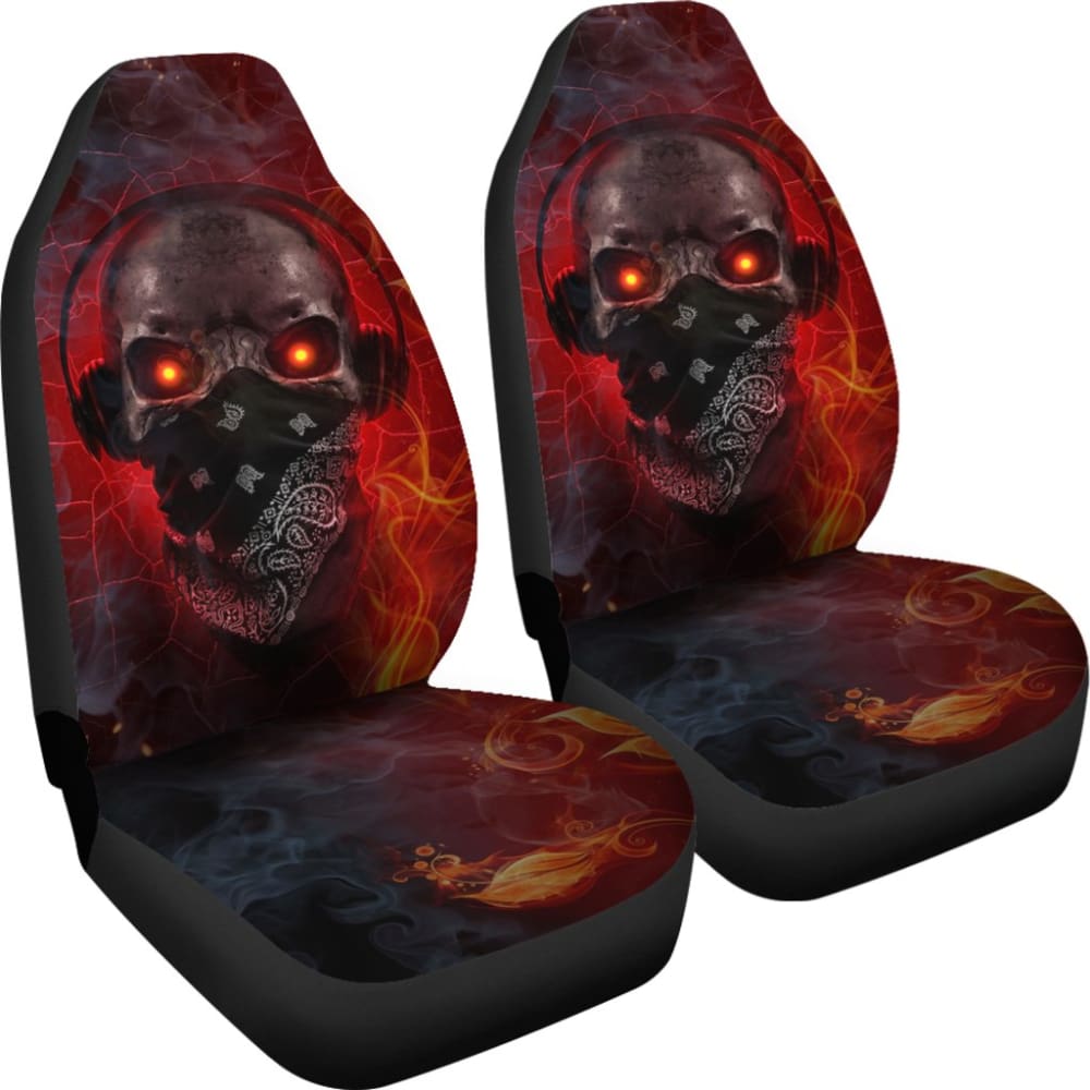 Gothic Skull Car Seat Covers with Red Fire Music Headphones - Punk Rock Style Auto Accessories for Music Lovers & Car Enthusiasts - Perfect for Road Trips, Concerts, and Gothic-Themed Vehicles