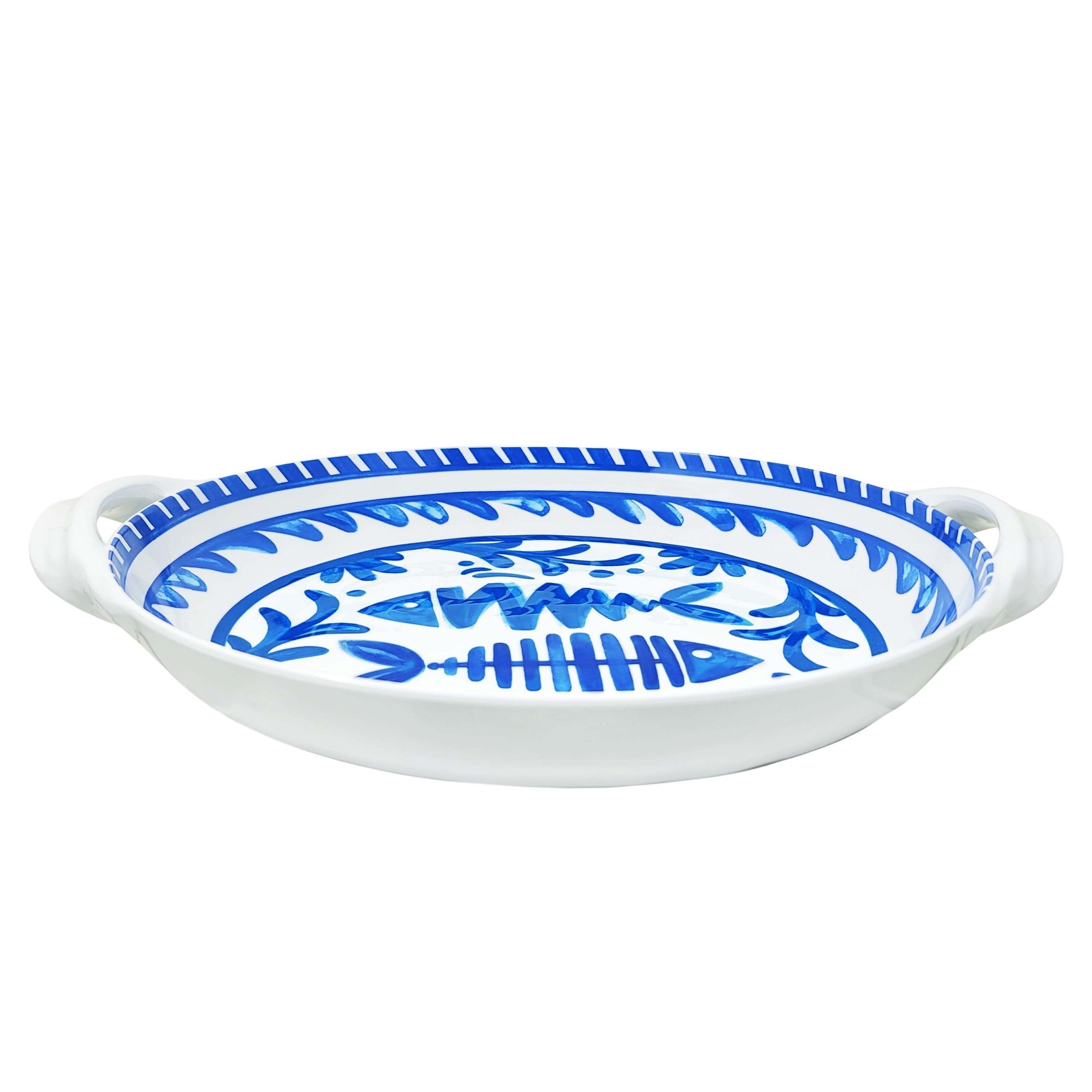 Mediterranean Style Large Two-Handled Shallow Serving Bowl - Perfect for Pasta, Salad & Entertaining | Stoneware Dish for Family Dinners & Party Appetizers