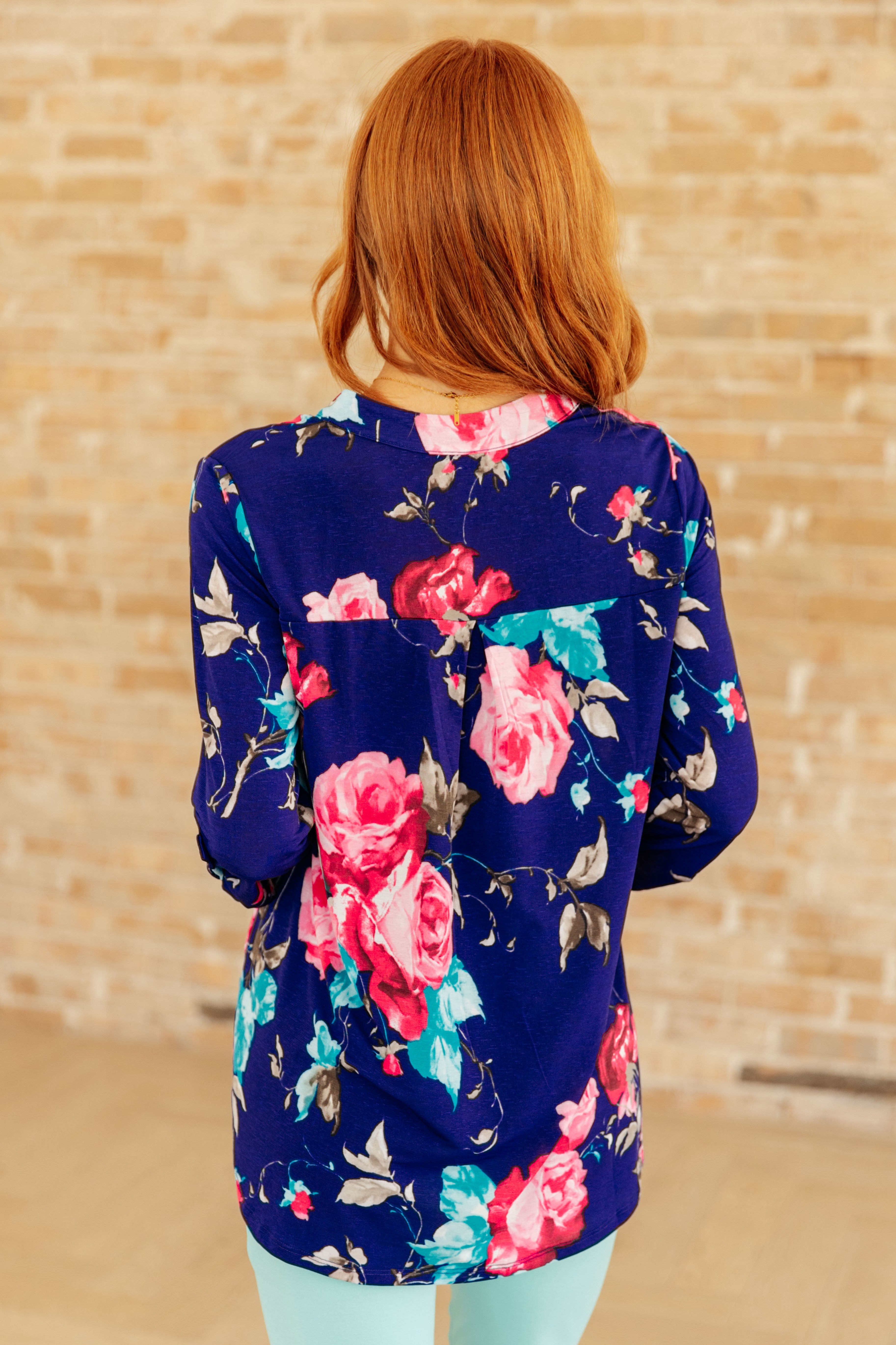 Lizzy Top in Royal Floral Print - Women's Elegant Blouse for Work, Date Night & Special Occasions | Fashionable Floral Tops for Spring & Summer