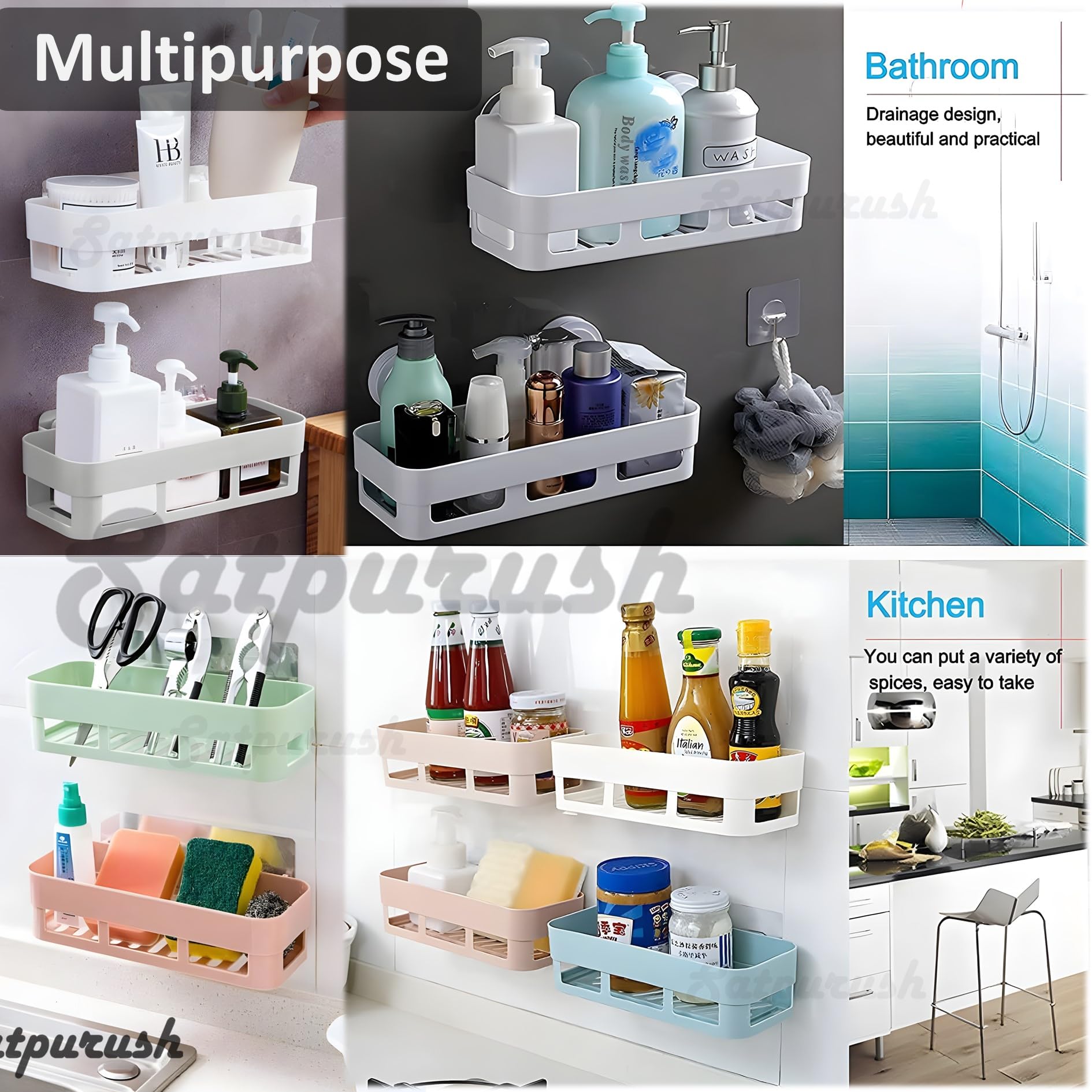 Satpurush 4-Pack White Plastic Bathroom Wall Mounted Shelf Organizer - Bathroom Storage Rack, Bathroom Hardware & Accessories for Shower, Vanity & Toilet Organization
