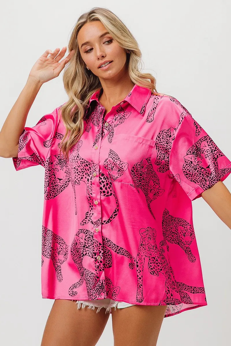 BiBi Leopard Print Short Sleeve Silky Satin Shirt Top for Women - Fashion Blouse for Casual Wear, Night Out & Office Outfits