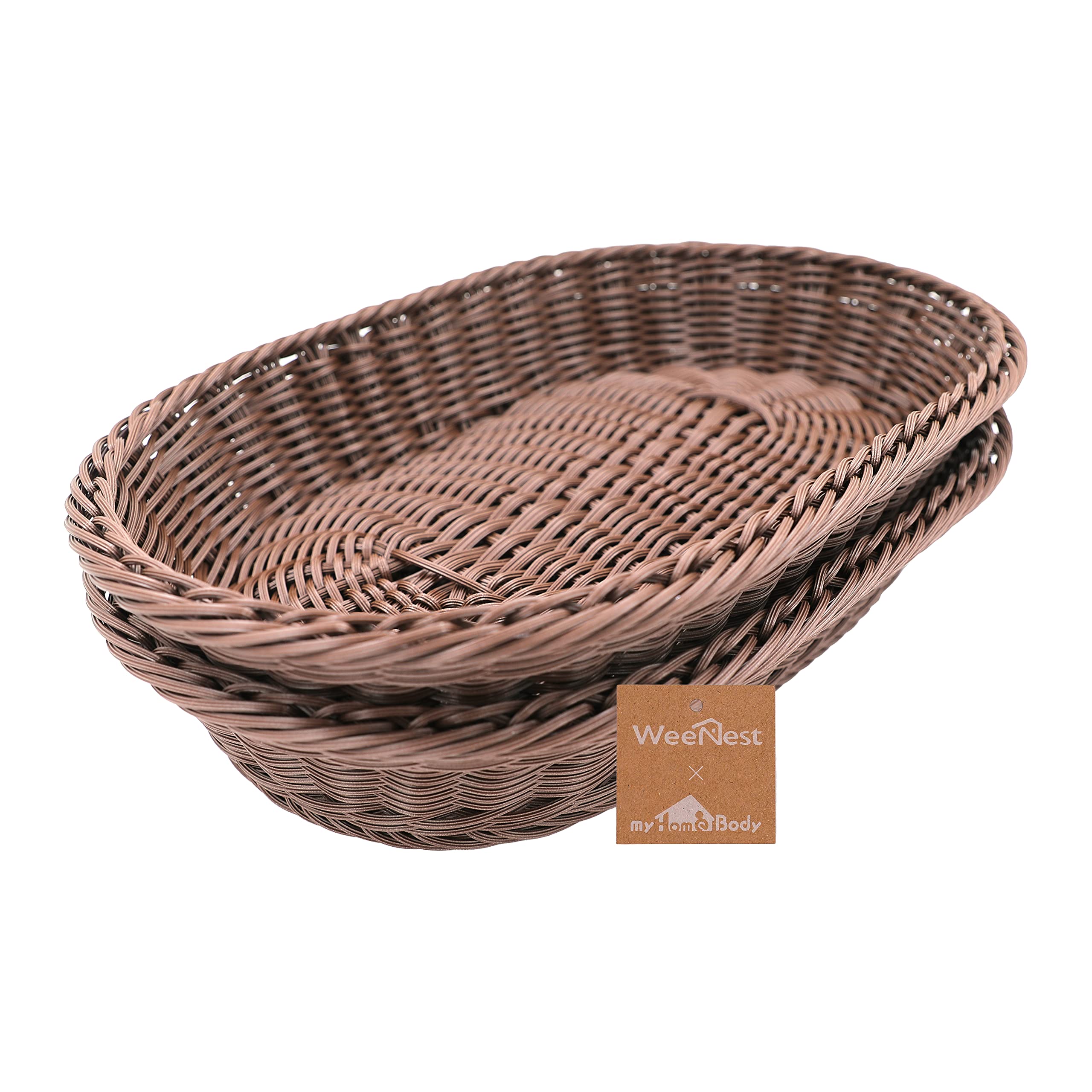 myHomeBody Oval Wicker Storage Basket Set of 2 - Dark Brown Woven Baskets for Home Decor, Serving Tray, Fruit & Food Storage - Perfect for Living Room, Kitchen, Garden & Farmhouse Style Decor