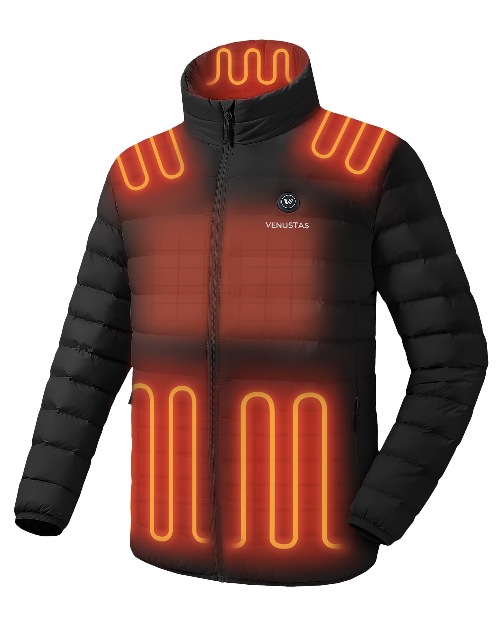 Venustas Men's Lightweight Heated Jacket with Rechargeable Battery - 6-Zone Electric Puffer Winter Coat for Outdoor Camping, Hiking, Skiing & Cold Weather Activities - Windproof & Water-Resistant Thermal Jacket for Men