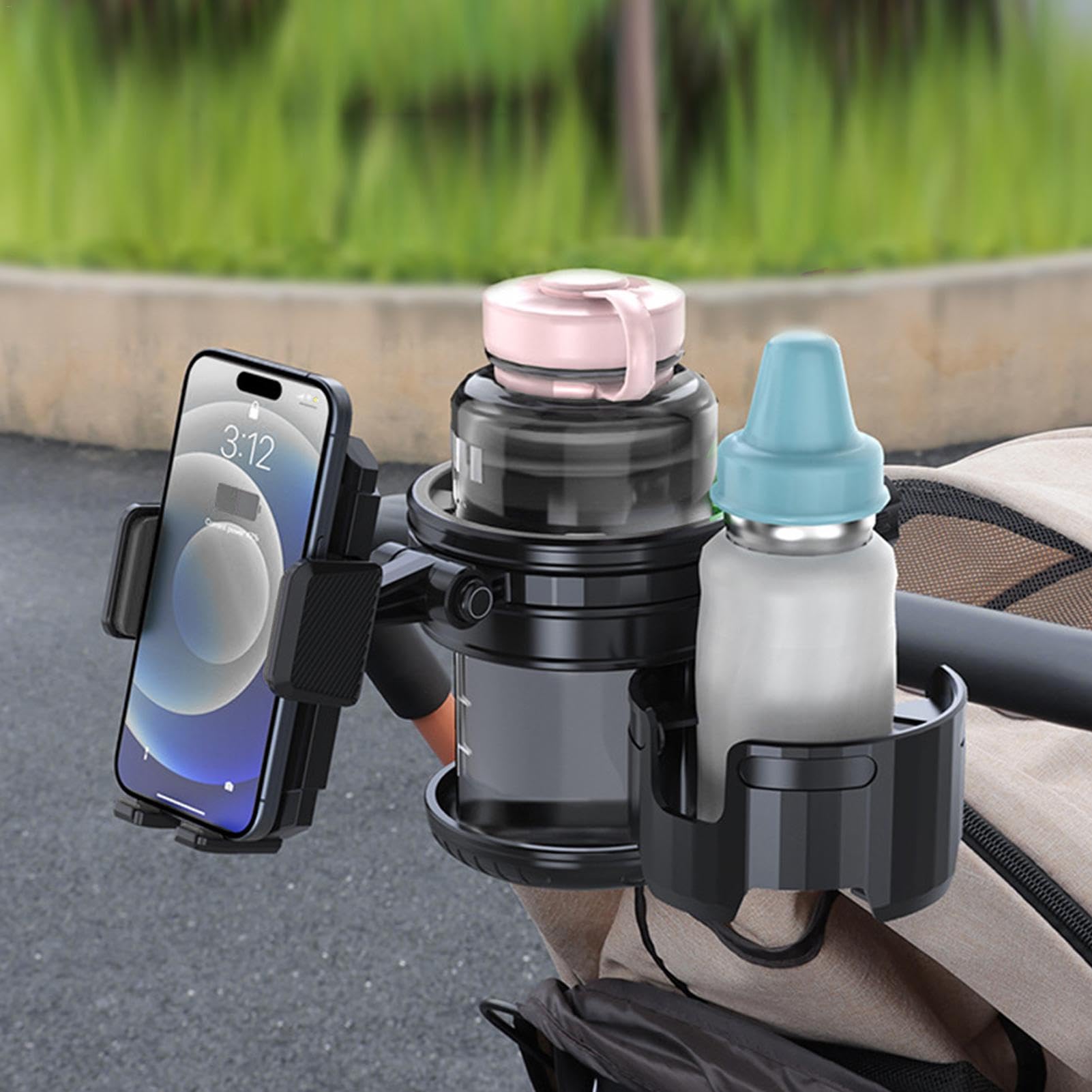 Adjustable Stroller Cup Holder with Phone Pocket - Universal Drink Holder for Coffee Mugs & Smartphones - Convenient Stroller Accessories for Parents (Black) - Perfect for Walks, Shopping & Outdoor Activities