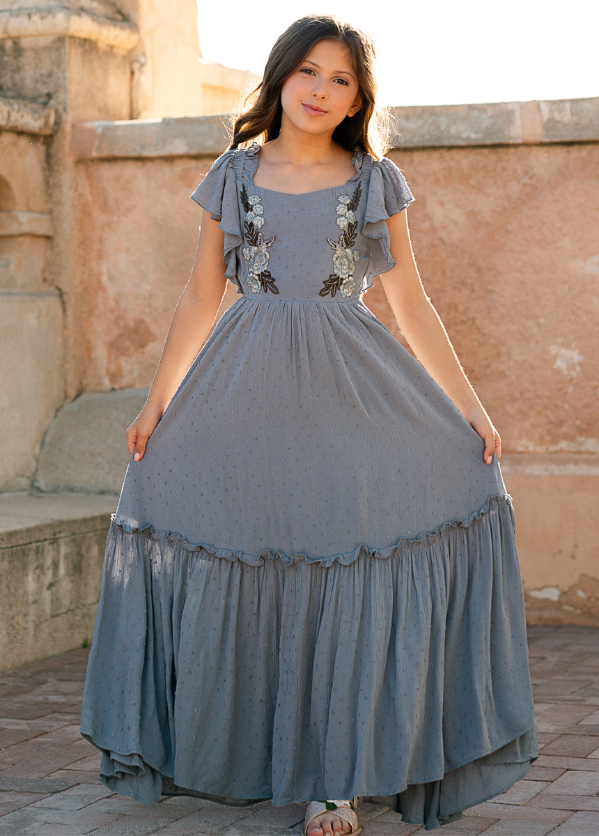 Dewi Women's Dusty Blue Flowy Midi Dress - Elegant Casual & Party Wear for Summer, Weddings, and Special Occasions