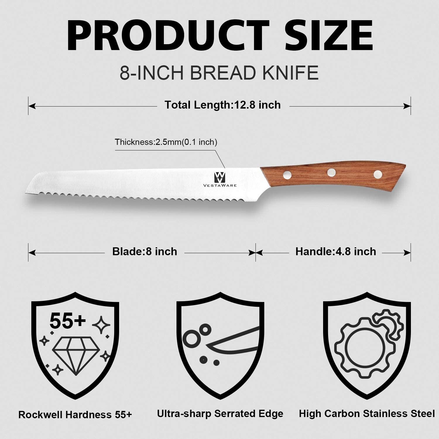 Vestaware 8-Inch Serrated Bread Knife - Sharp Stainless Steel Blade for Slicing Bread, Cakes, and Pastries - Perfect for Home Baking, Restaurants, and Professional Kitchens