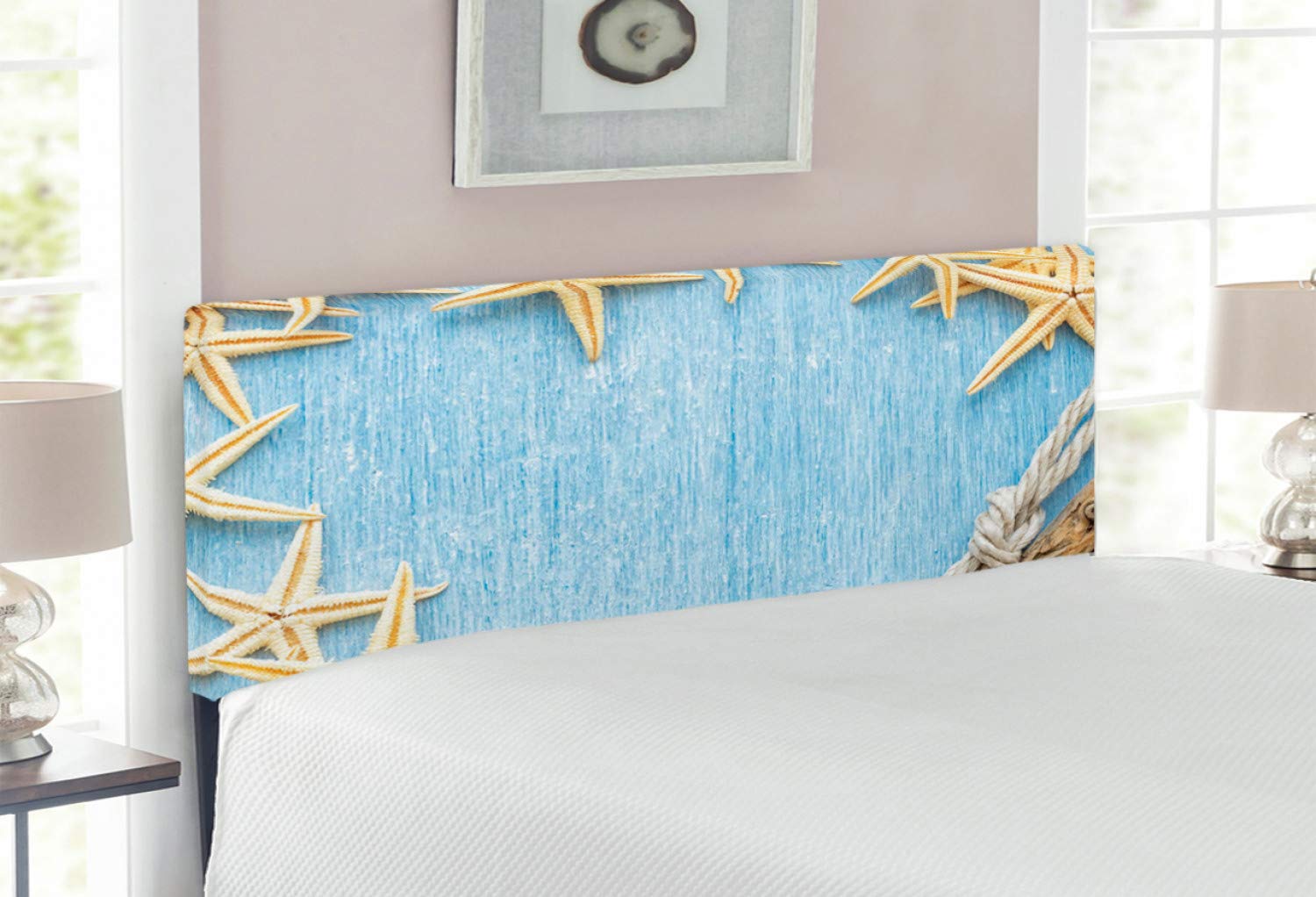 Ambesonne Seashells Upholstered Headboard - Vintage Maritime Beach Theme Wooden Bed Headboard with Memory Foam, Full Size Blue Ivory - Perfect for Coastal Bedroom Decor & Beach House Master Suite