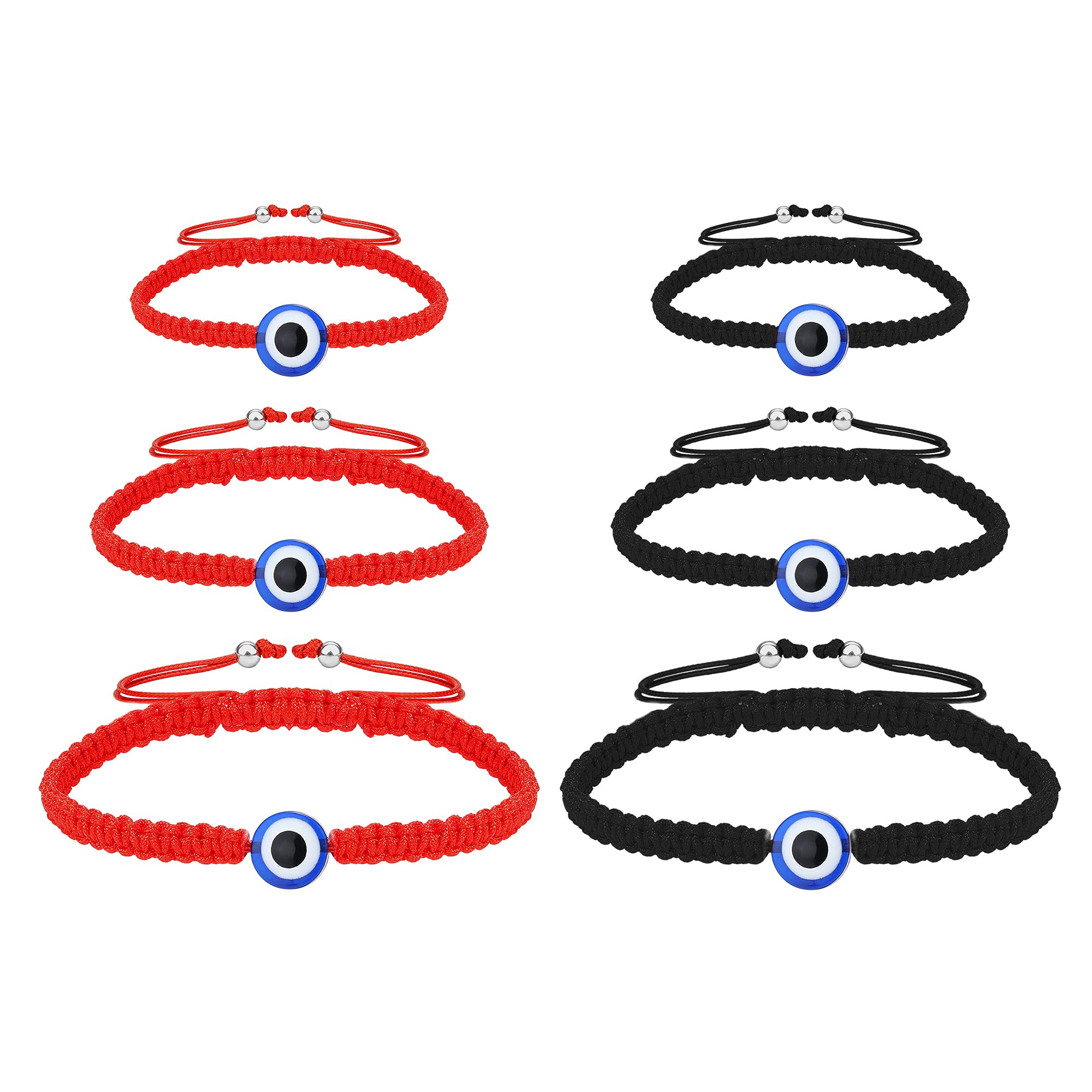 FIASASO 6Pcs Evil Eye Adjustable Braided Bracelet Set for Women & Men - Black, Red, Blue Protection Lucky Bracelets in Three Sizes - Perfect for Family Gifts, Spiritual Protection & Everyday Wear