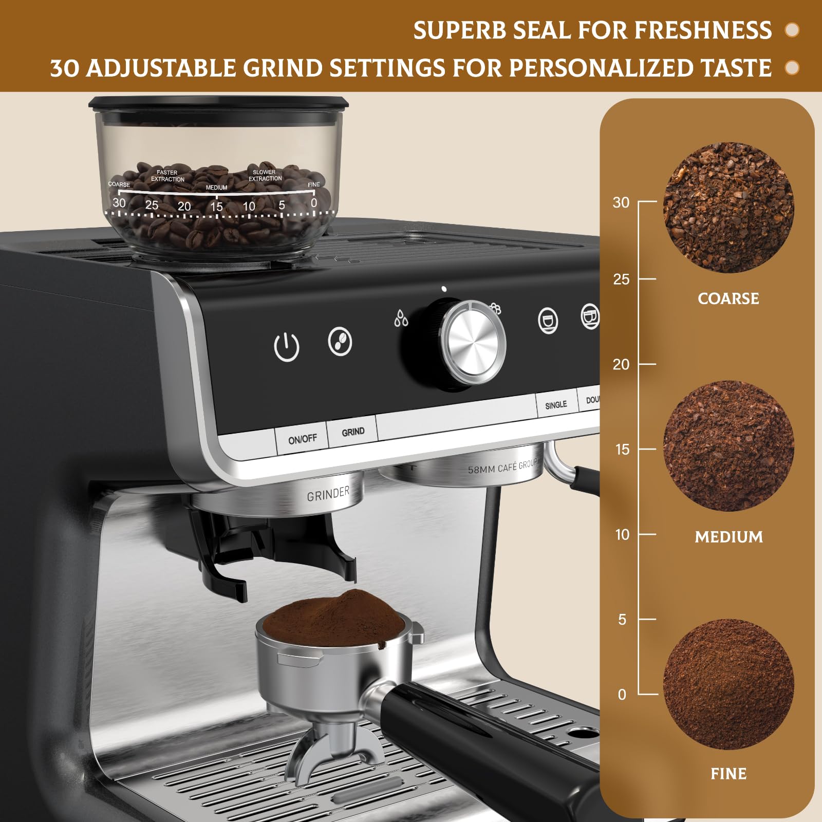 20 Bar Espresso Machine with Built-in Grinder & Steam Wand - All-in-One Home Coffee Maker for Latte, Cappuccino & Espresso - Perfect for Kitchen Countertop & Small Spaces (Dark Gray)