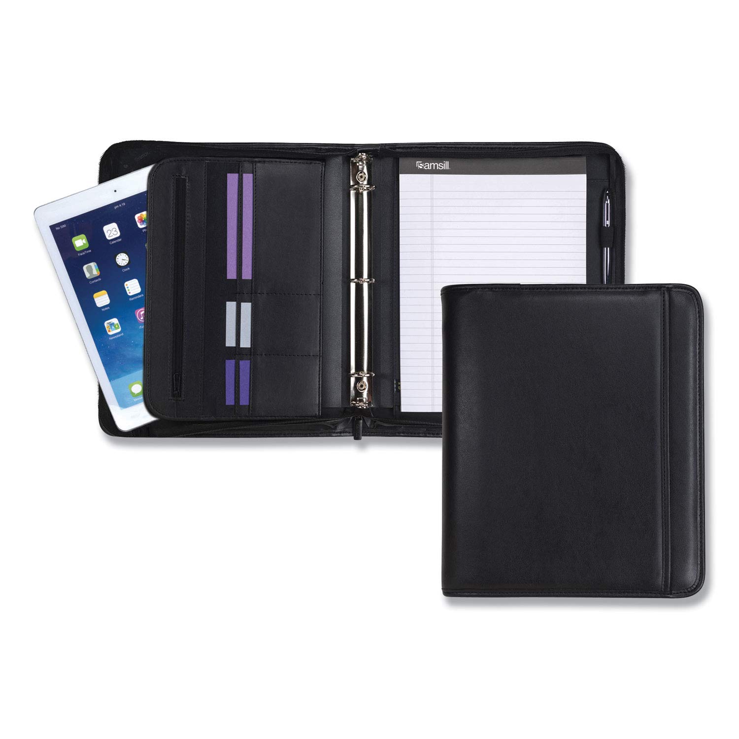 Professional Zippered Pad Holder & Ring Binder with Multiple Pockets - Black Vinyl Organizer for Notes, Documents & Office Supplies | Perfect for School, Office & Business Meetings