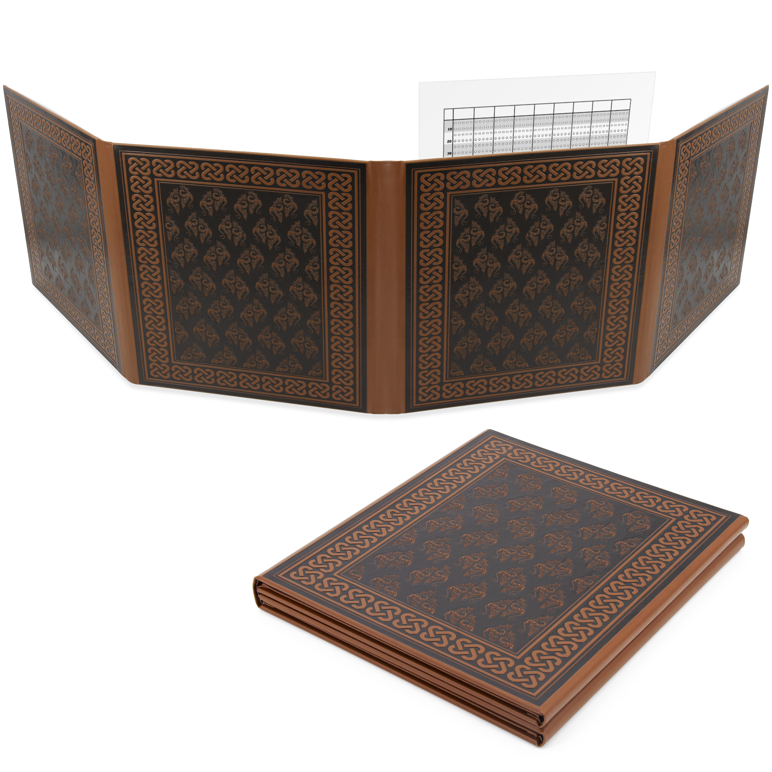 Faux Leather 4-Panel DM Screen with Wet Erase Pockets - Embossed Folding Game Master Screen for Dungeons & Dragons RPG - Black/Brown (Inserts Not Included) - Perfect for Tabletop Gaming Sessions & RPG Campaigns