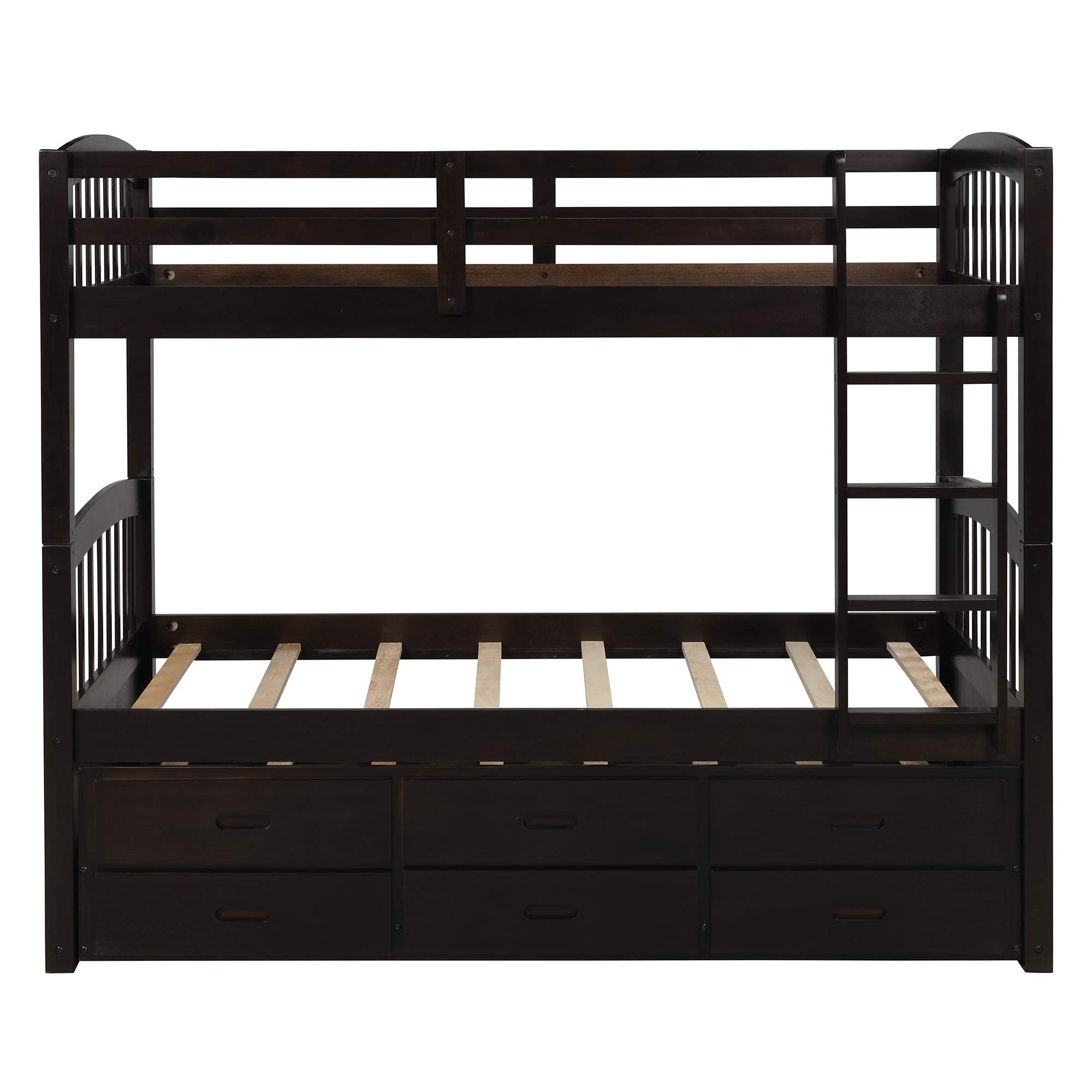 JULYFOX Twin Over Twin Bunk Bed with Trundle and 3 Storage Drawers - Solid Hardwood Space-Saving Bunk Bed with Ladder - Perfect for Kids' Bedrooms, Guest Rooms, and Small Spaces (Espresso Finish)