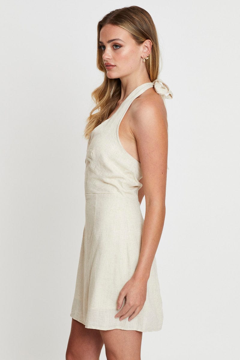 Beige Sleeveless Mini Halter Neck Dress for Women - Summer Casual Party Wear, Beach Vacation Outfit