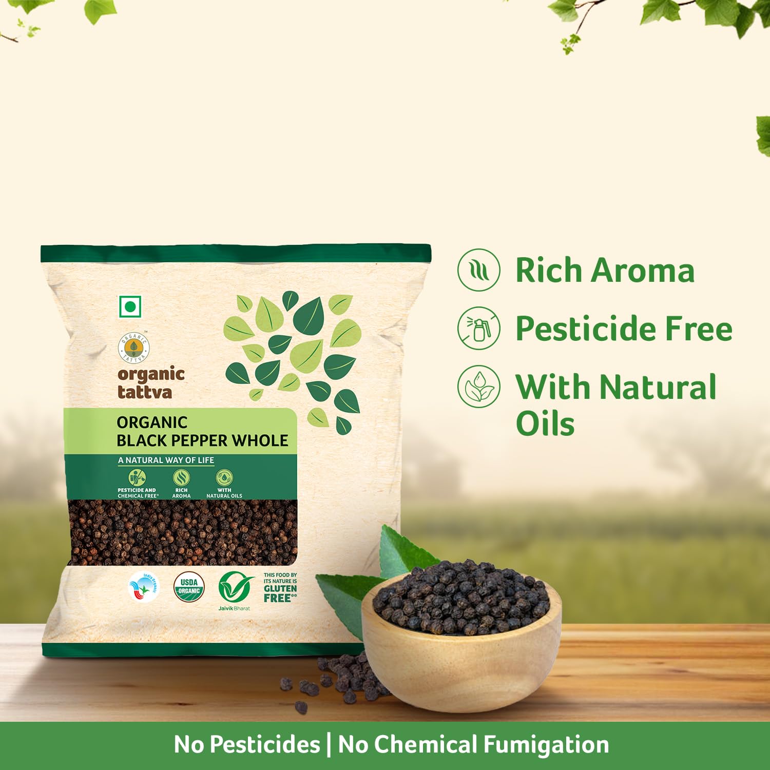 Organic Tattva Gluten-Free Black Pepper (Kali Mirch) - 100g | Farm-Fresh, Naturally Processed, No Artificial Additives | Perfect for Cooking, Seasoning & Healthy Recipes
