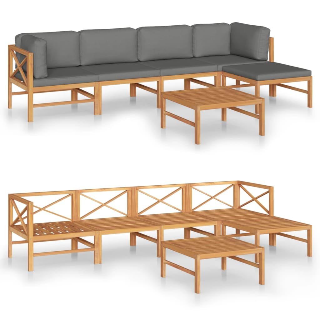 vidaXL 7-Piece Patio Lounge Set - Outdoor Sectional Sofa with Gray Cushions, Retro Style Teak Wood Furniture for Backyard, Garden & Poolside Relaxation