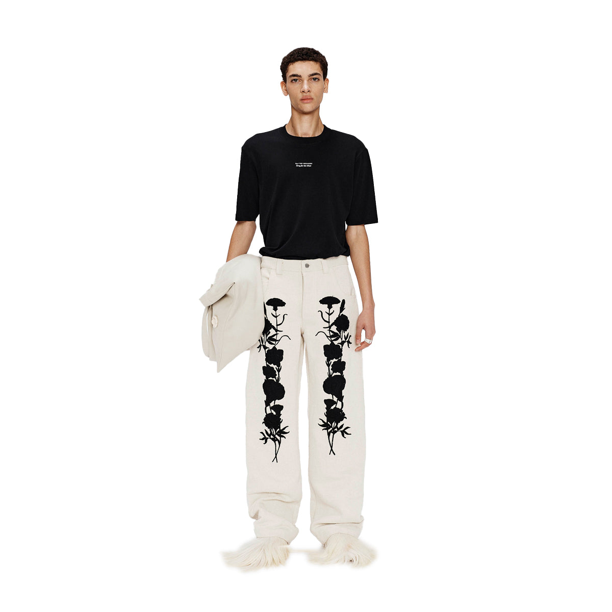 Embroidered Foliage Long Work Pants for Women - Comfortable Office Trousers in Off White | Perfect for Business Casual & Professional Workwear