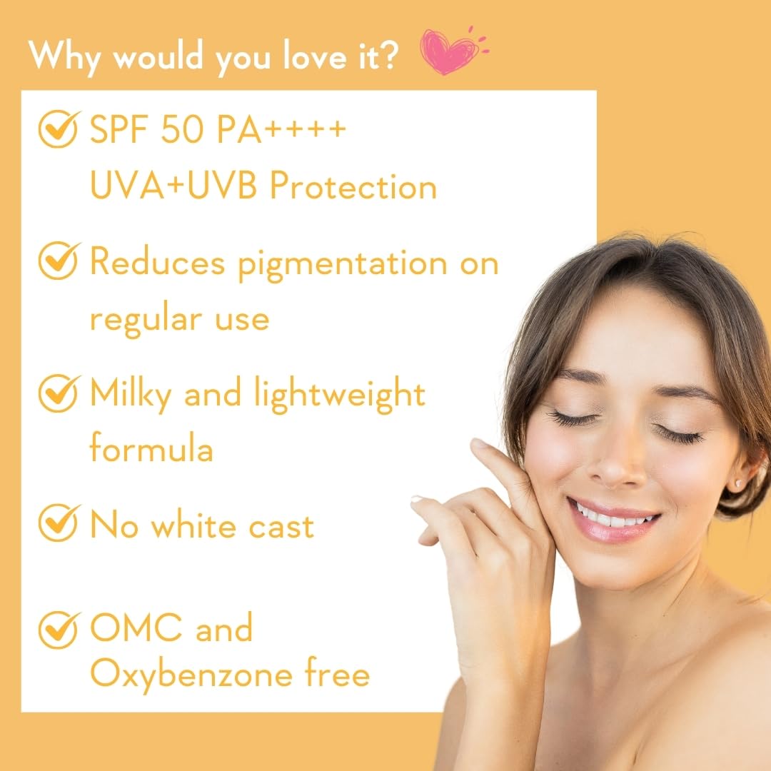 WishCare Vitamin C Pure Glow Milk Sunscreen SPF 50 PA++++ - Broad Spectrum Lightweight Sunscreen for Dry & Oily Skin (50g) | Daily UV Protection for Face & Body | Perfect for Outdoor Activities, Beach & Travel