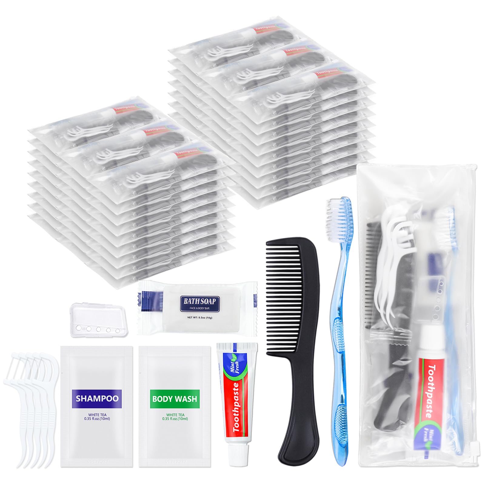 5-Piece Personal Hygiene Kit - Bulk Toiletry Essentials for Travel, Homeless Shelters & Charity (Includes Toothbrush, Toothpaste, Comb, Soap, Shampoo, Body Wash & Floss Picks) - Perfect for Emergency Kits, Donations & Business Travel Supplies