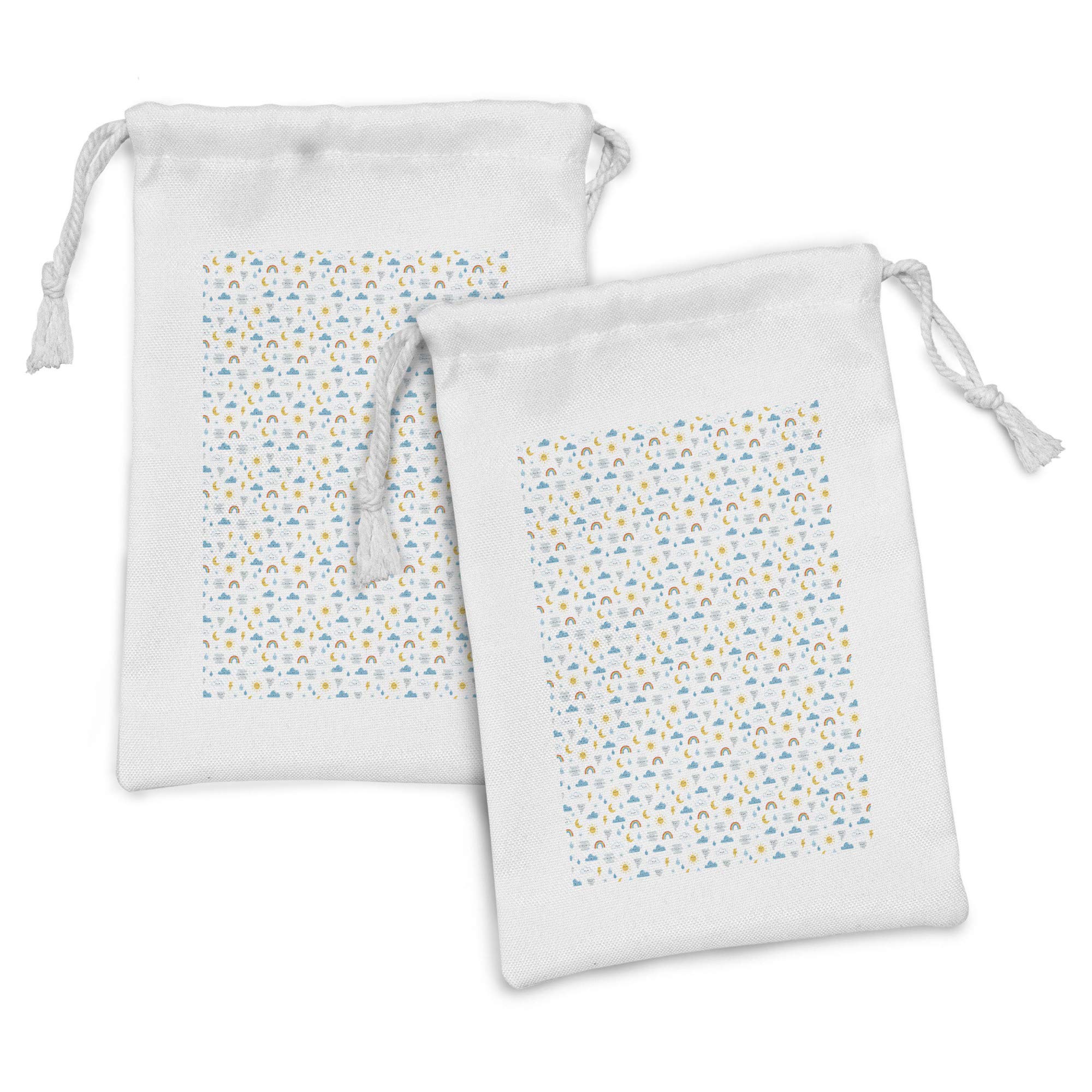 Ambesonne 2-Pack Sun Fabric Pouch Set - Funny Weather Clouds Moon Rainbow Print Drawstring Bags (9