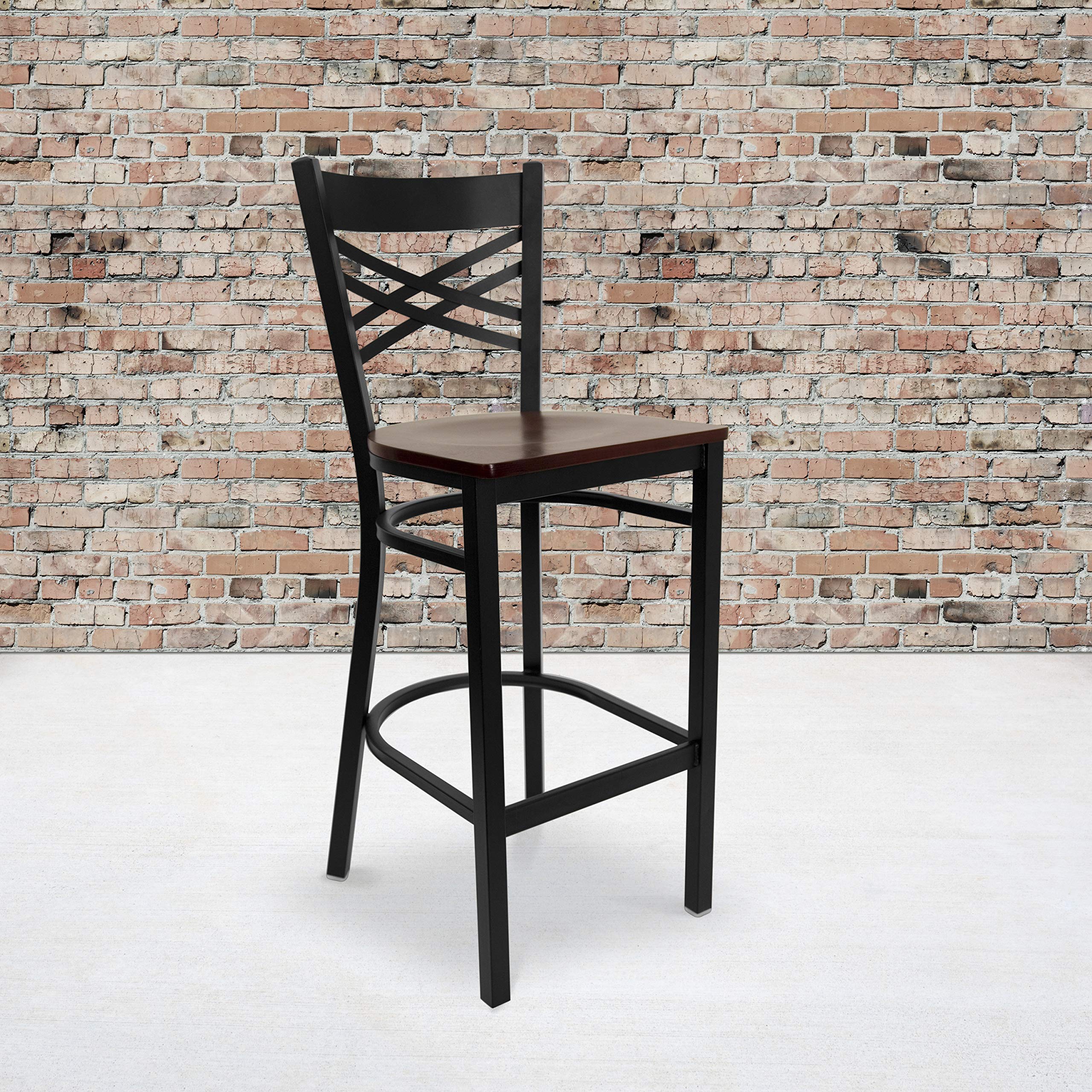 2 Pack Black X-Back Metal Bar Stools with Mahogany Wood Seat - Heavy Duty Counter Height Stools for Kitchen Island, Restaurant, Bar & Home Decor