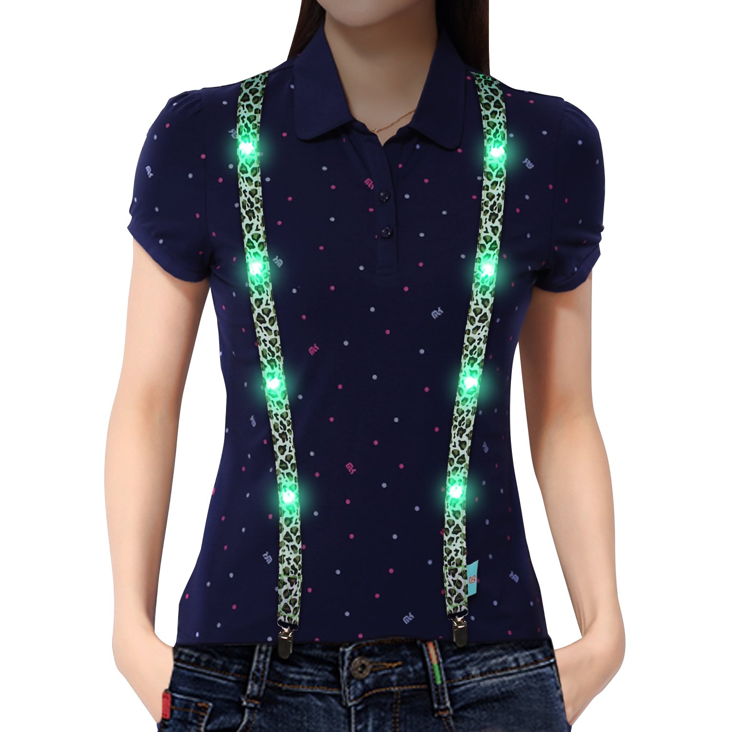 GS GLOWSEEN LED Suspenders for Men & Women - Adjustable Clip-on Y-Back Light Up Suspenders with LED Lights (Leopard Print) - Perfect for Raves, Parties, Halloween & Nighttime Events