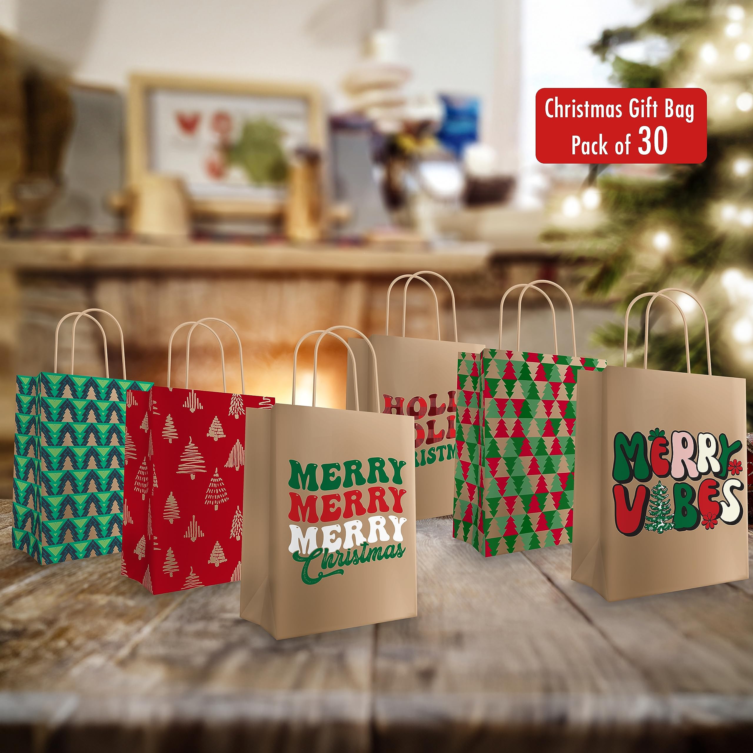 30 Christmas Kraft Gift Bags - 6 Festive Designs for Holiday Presents, Xmas Party Favors & Classroom Treats (9
