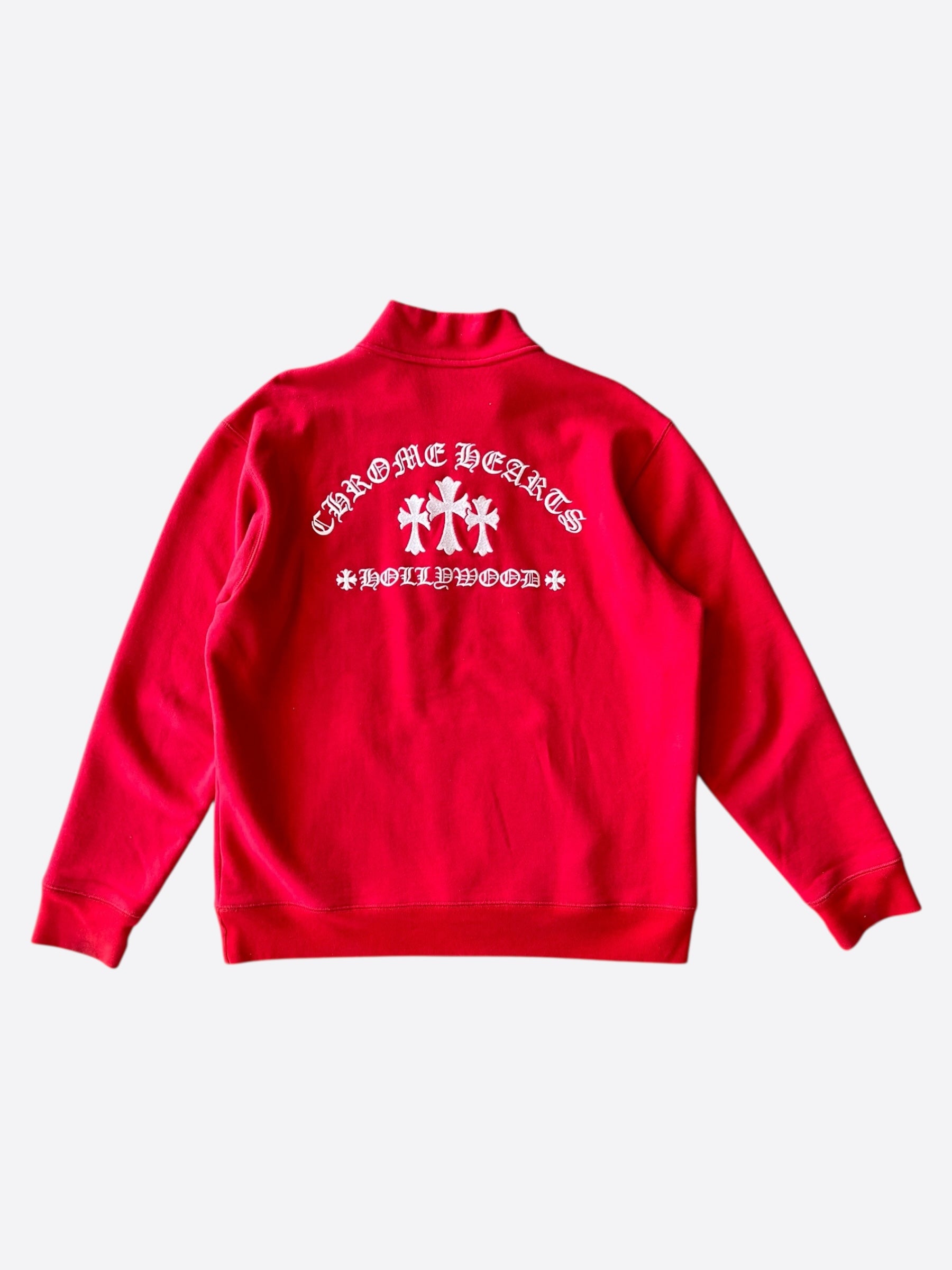 Chrome Hearts Red & White Triple Cross Embroidered Quarter Zip Sweater for Men - Stylish Pullover for Casual Wear, Street Fashion & Winter Outfits