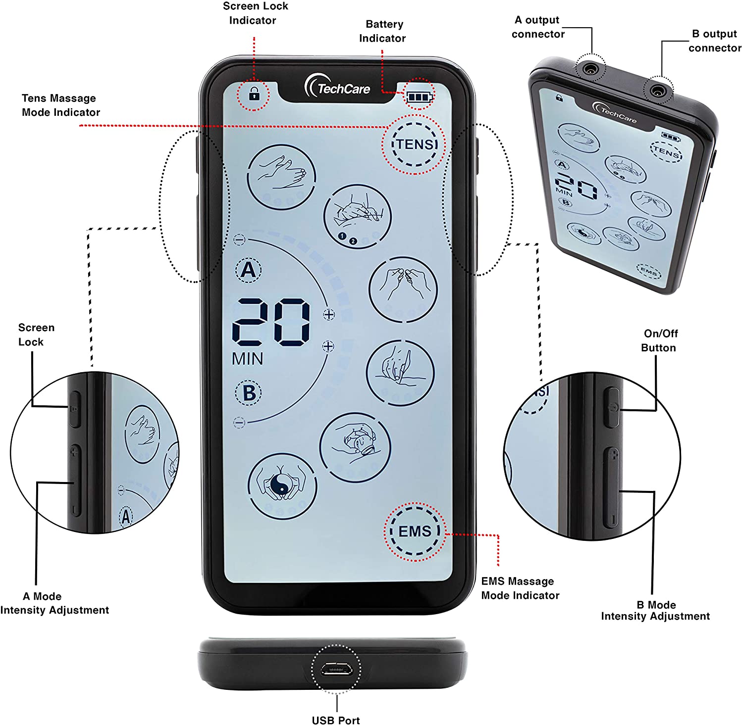 Techcare Touch X TENS Unit Muscle Stimulator - 24 Massage Modes for Pain Relief, Muscle Recovery & Therapy with Protective Travel Case - Perfect for Home Use, Gym Recovery & Travel Pain Management