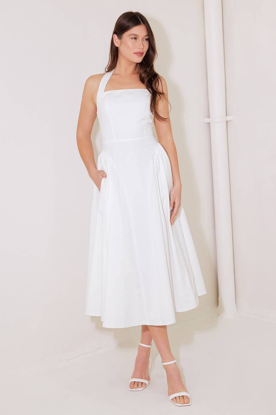 Stylish White Halter Midi Dress for Women - Perfect for Summer Outings, Beach Vacations, and Rainy Day Chic